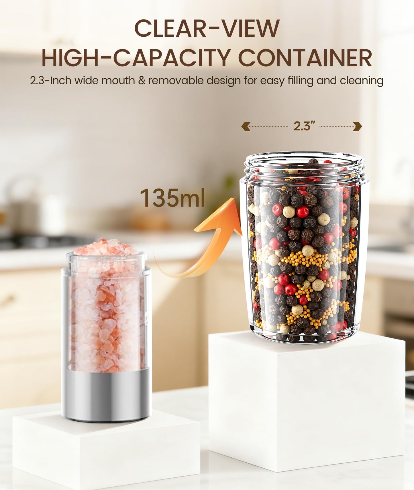 Ringco Gravity Electric Salt and Pepper Grinder Set with Charging Base, Automatic Gravity Salt and Pepper Mill with Adjustable Coarseness, LED Light, 135ml Large Capacity, Gifts for Women