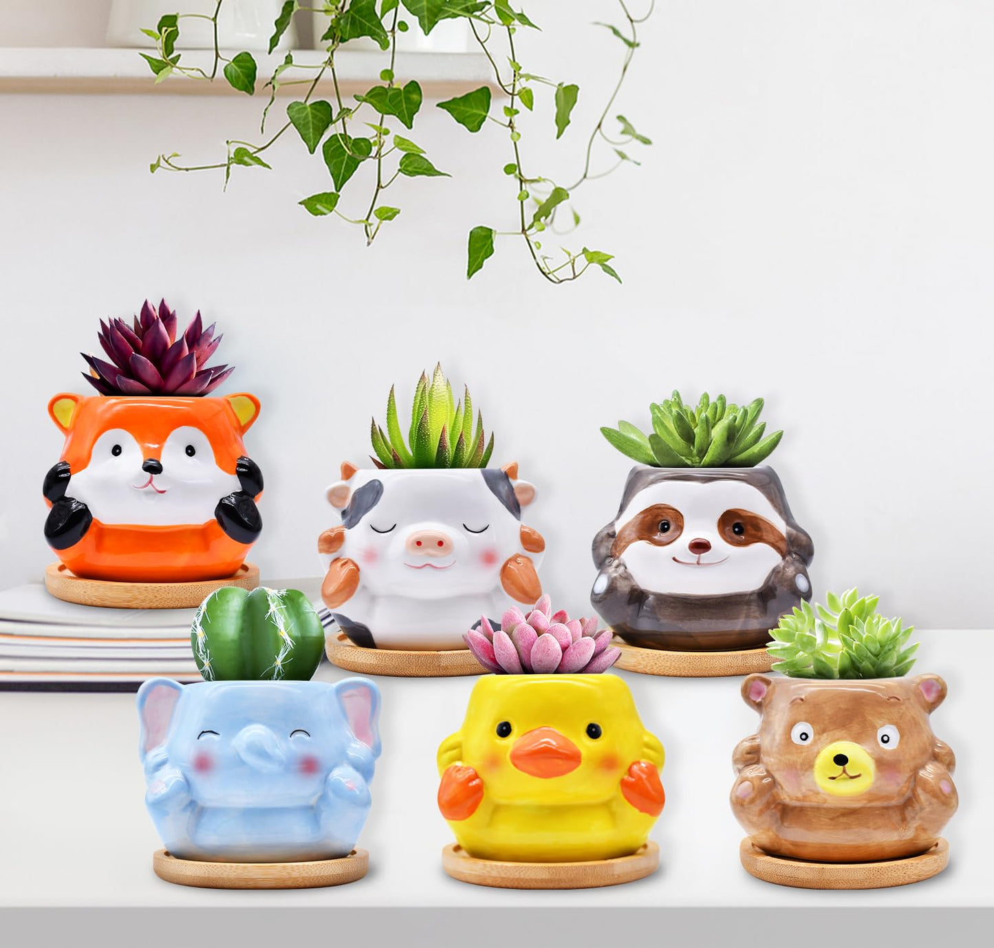 6 Pack Ceramic Succulent Pots with Drainage – Small Animal Planters with Bamboo Trays for Cactus & Indoor Plants, Mini Flower Pots for Desk, Home Decor, Office, Garden, Gift for Plant Lovers