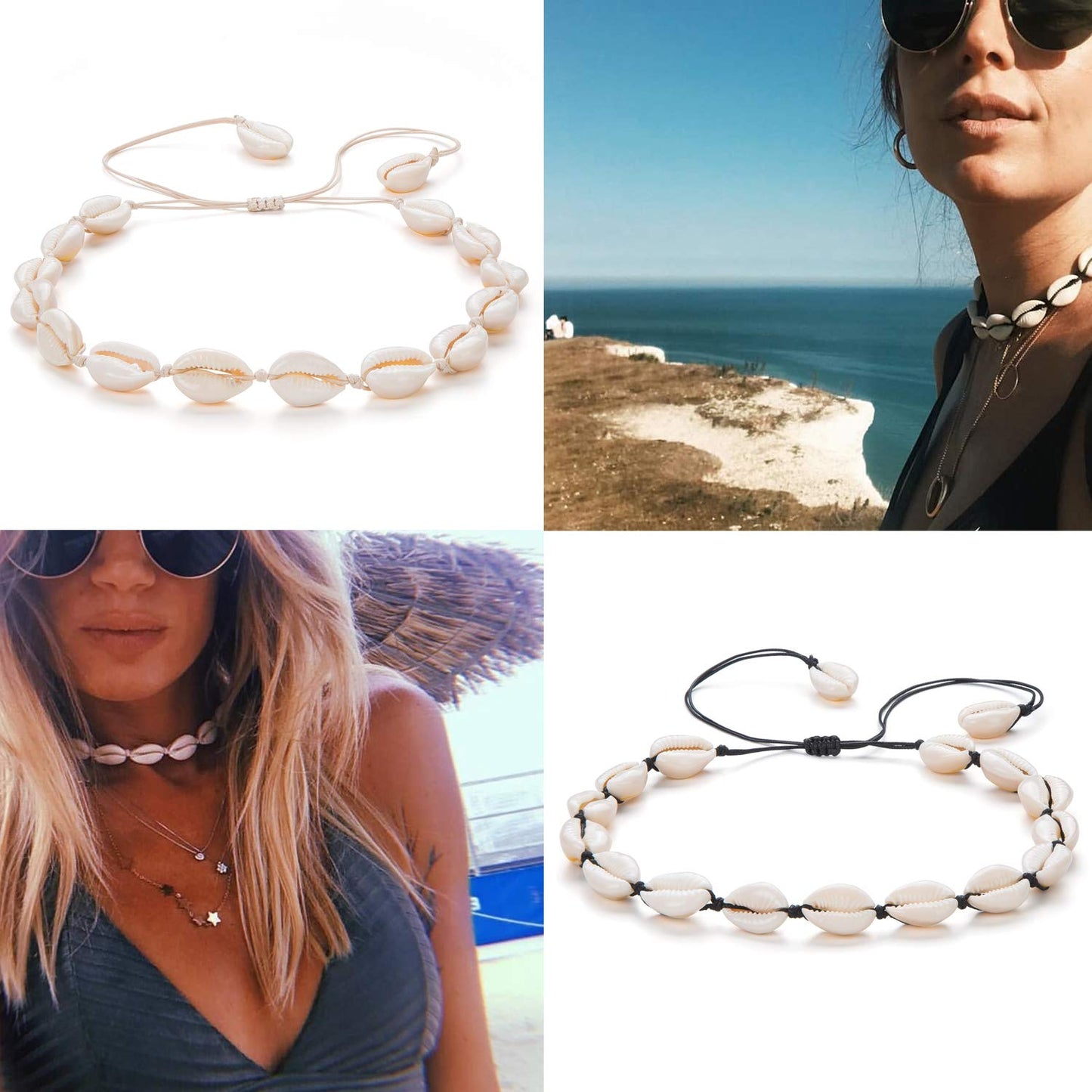 Nackiy Seashell Necklace Choker For Women Summer Hawaiian Style Braided Rope Natural Shell Necklace(Black Braided Rope)