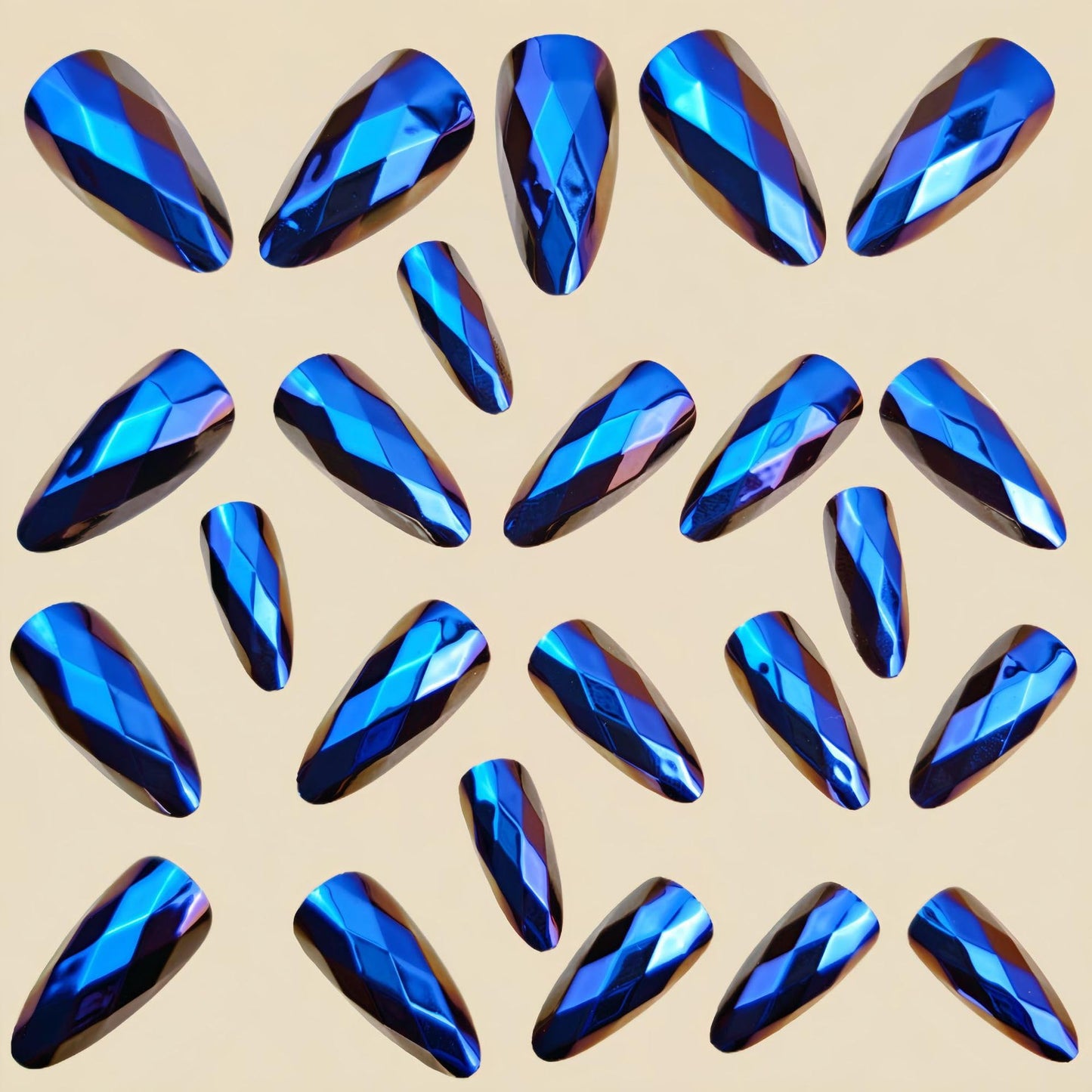 RUOKEXIN Almond Press on Nails Medium Length Fake Nails Blue Chrome False Nails with 3D Rhombus Designs Full Cover Nail Press ons Sparkly Artificial Nails for Women 24Pcs
