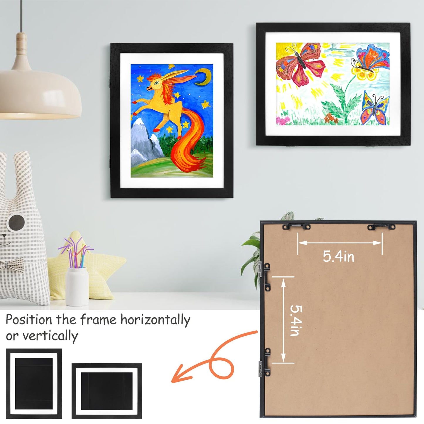 PECULA 2 Packs Kids Art Frame, 8.5x11 Front Opening Kids Artwork Frames Changeable, Holds 100 Drawings Artwork Frames for Kids Art, 3D Picture, Craft Storage, Hanging Wall Decor(Black)
