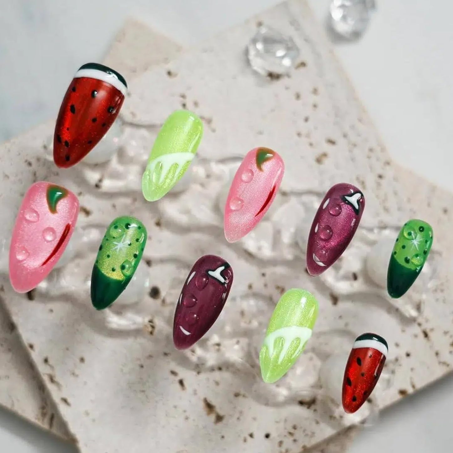 Tesytto Cat Eye Press on Nails Medium Almond - Fruit Design with Hand-painted Watermelon & Lemon, 3D Water Drop Cute Edgy Style, Thick Acrylic Multi-Layer Gel False Nails for Summer (Fruit Party, M)