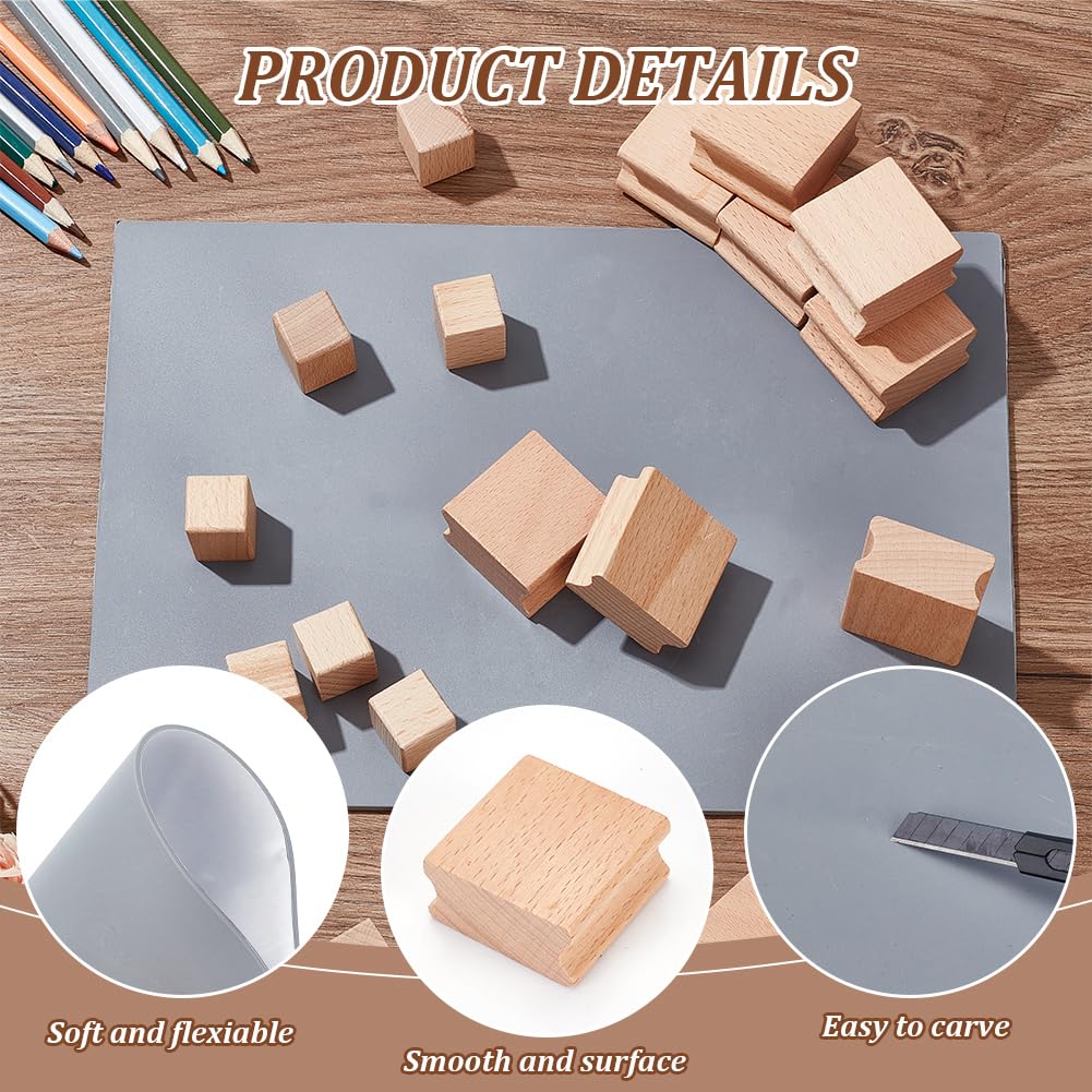 BENECREAT 20Pcs Rubber Stamp Set Blank Hard Wood Stamp Mounts with Grey Rubber Stamp Sheet 2 Sizes Laser Engraving Stamp Block Accessories for Crafts DIY Stamp Making, (0.8in/1.6in)