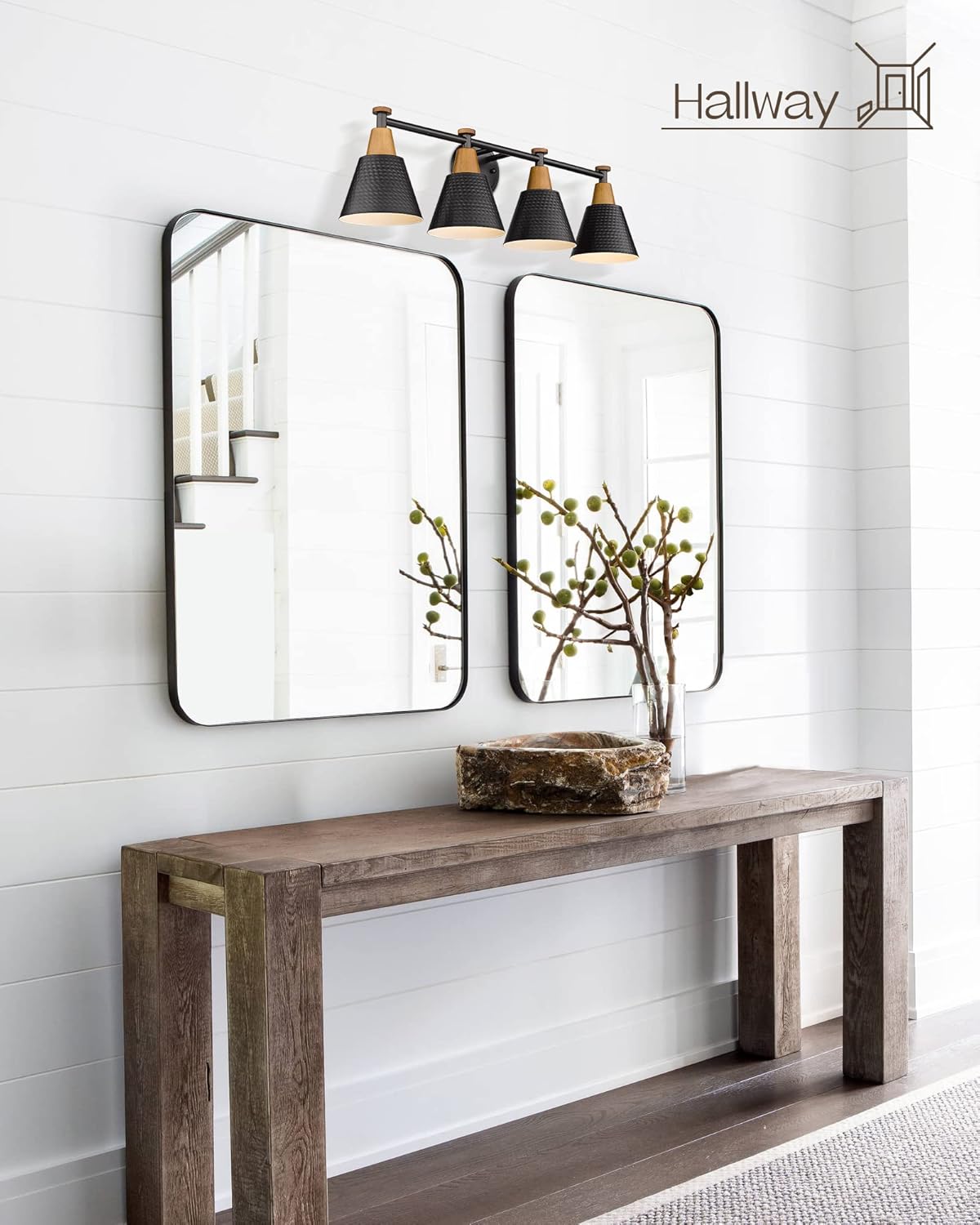 FEMILA Bathroom Vanity Light, 4-Lights Bathroom Light Fixtures Over Mirror, Modern Wall Mounted Lamp, Hammered Metal Shade, 4FG59B-4W BK