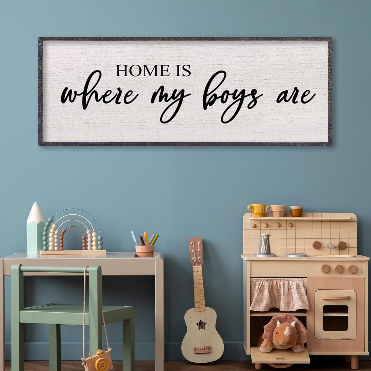 Home Is Where My Boys Are Wall Decor 40"×15" mom and her boys Sign for boys room Playroom Large Wood Framed Wall Hanging Art (Black)