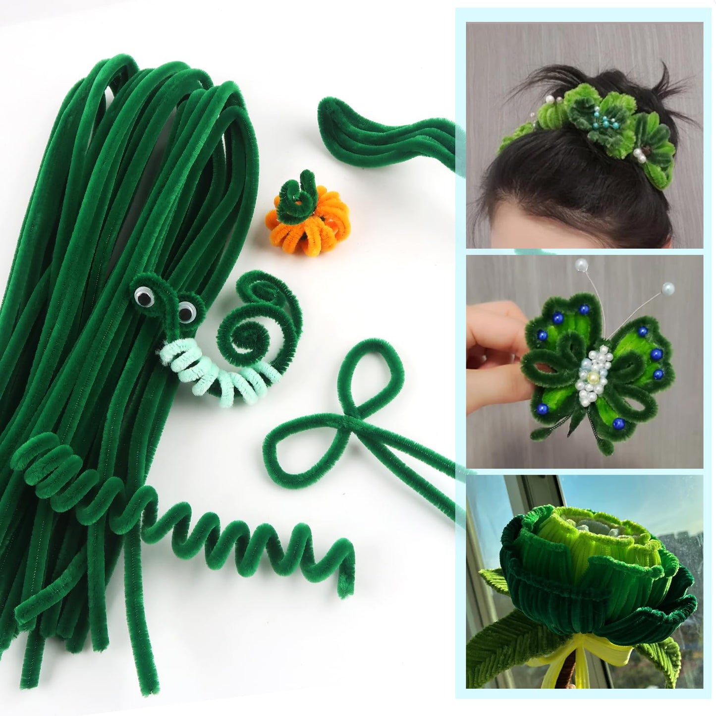 TOAOB 100pcs Long Pipe Cleaners Green Overlength Chenille Stems 24 Inch Fuzzy Sticks Craft Supplies for DIY Art Craft Projects Home Decorations
