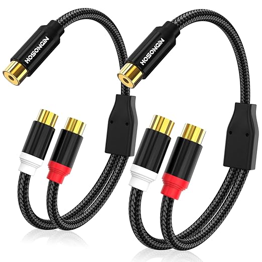 HOSONGIN RCA Splitter 1 Female to 2 Female Audio Cable (2 Pack), 24K Gold-Plated Plug, Cotton Braided Jacket, Dual Shielded Y Splitter Adapter for Amplifiers, TV, Home Theater, Hi-Fi Systems -12 inch