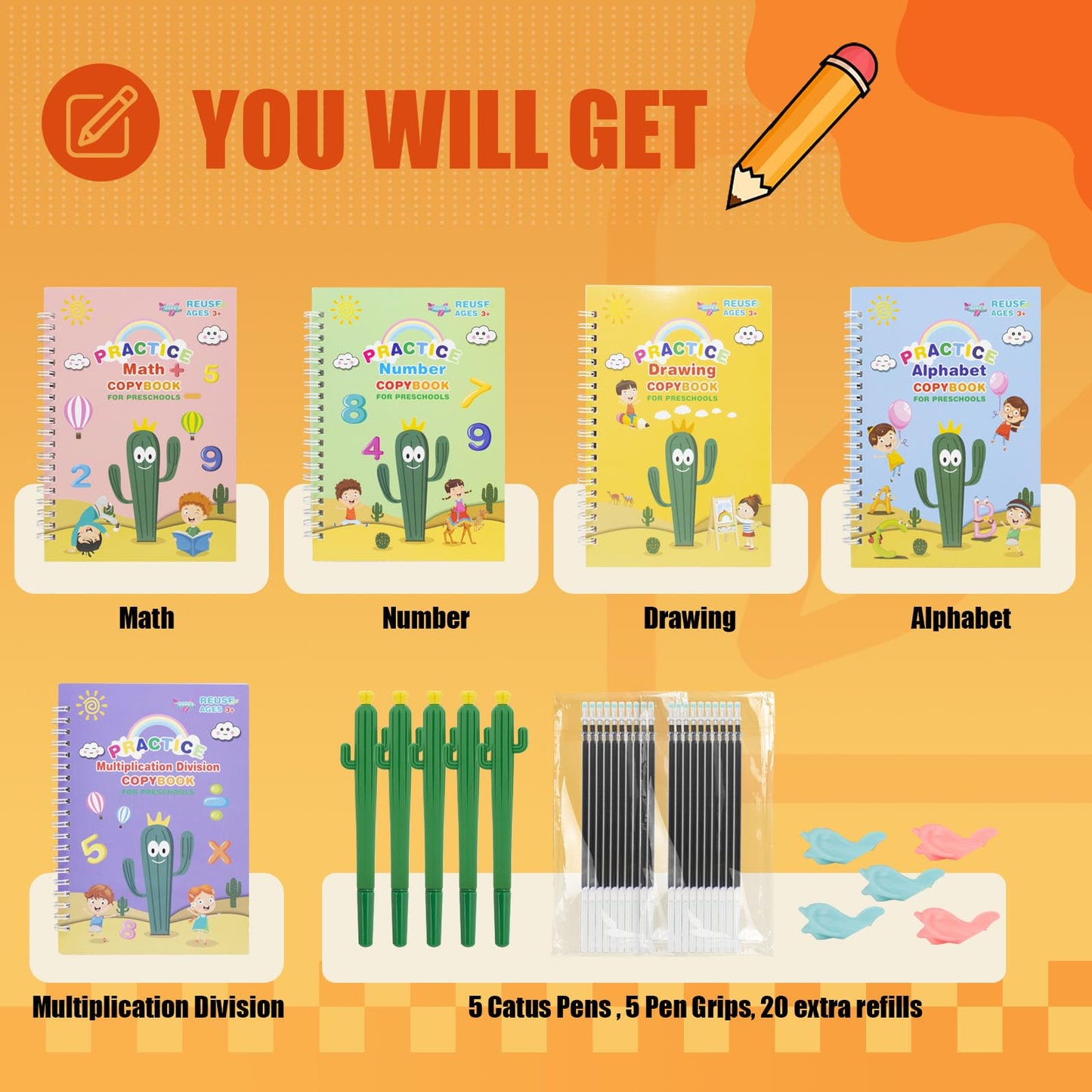 BYFWH Upgraded Large Size Magic Practice Copybook for Kids, Reusable Grooved Handwriting Practice Book for Preschool Kids Age 3-8 Calligraphy with Catus Pens & Storage Bag (5PCS 7.3 * 10.3 inch)
