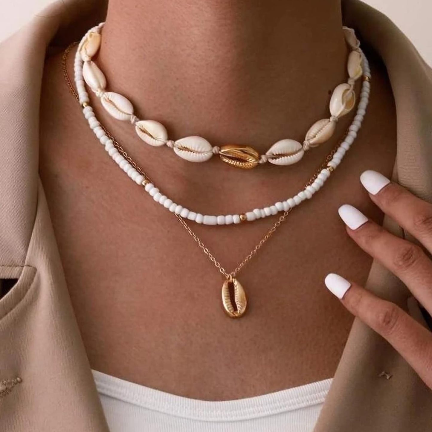 Nackiy Handmade Sea Shell Necklace Choker For Women Summer Adjustable Natural Shell Collar Necklace (Beige Braided Rope) (3 Layer)