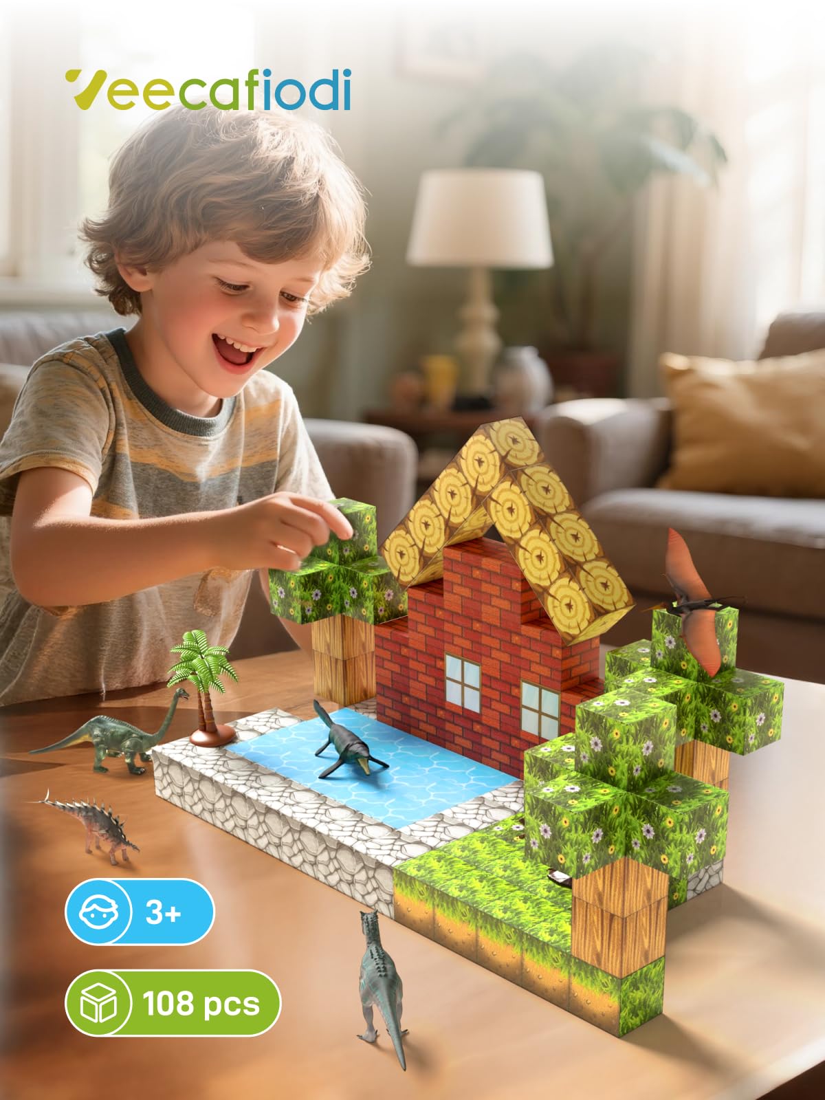 Veecafiodi Magnetic Blocks 108PCS, Dinosaur Magnetic Building Blocks with 6 Dinosaur Figures, Magnetic Blocks for Kids Ages 3-5, 4-8, STEM Construction Toy