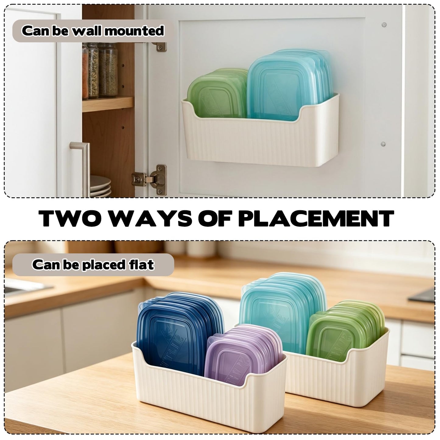 Rainmae 2 Pack Kitchen Cabinet Door Organizer, Lid Organizer Inside Cabinet Wall Mounted Plastic Storage Box Under Sink Door Organizer Lunchbox Lid Container for Kitchen Bathroom Organization