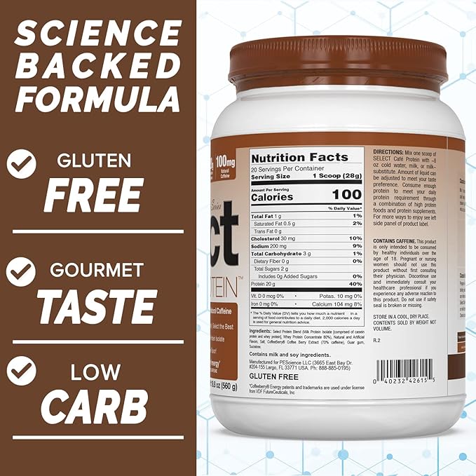 PEScience Select Cafe Coffee Protein Powder, Caramel Macchiato, 20 Servings, Whey and Casein Blend, Natural Caffeine, Clean Isolate Protein for Women and Men, Iced or Hot