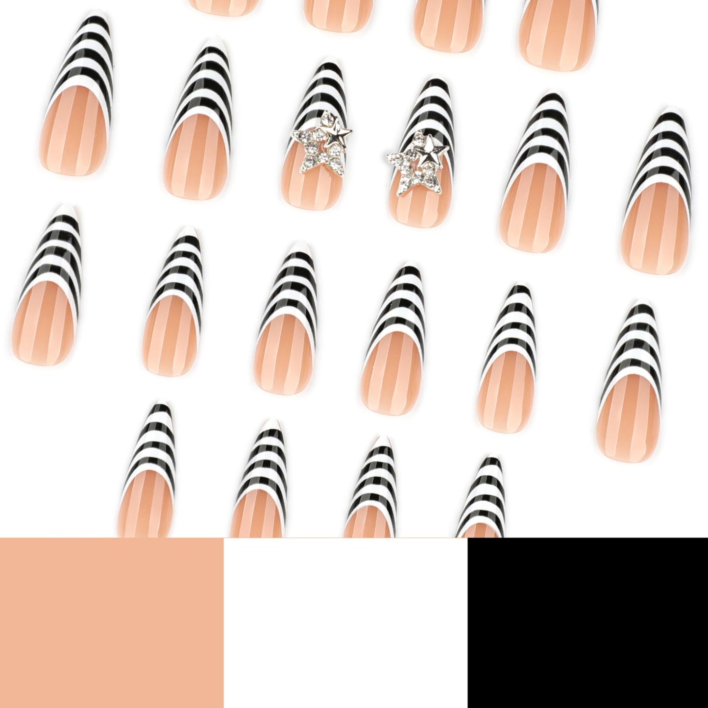 octoswave Press on Nails Long Almond Fake Nails French Tip Artificial Nail White and Black Stick on Nail for Women 24pcs