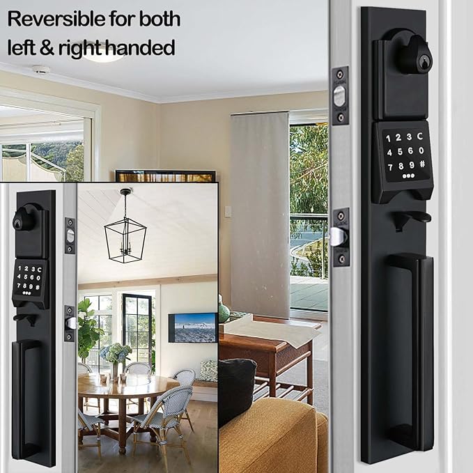 NEWBANG Left-Handed Matte Black Electronic Smart Handleset with Keypad Lock for Double Front Door（Keys Reserved）,MDHST2016DB-E-SET-LH
