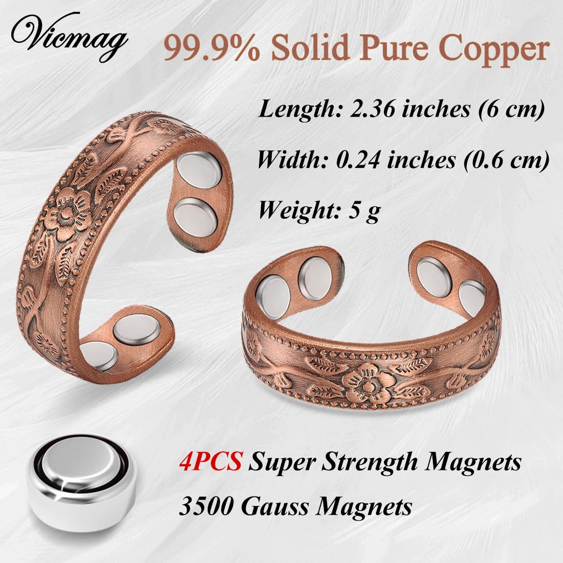 Vicmag Copper Magnetic Rings for Women Magnetic Ring 99.9% Copper Finger Ring Ultra Strength Magnet Gift Adjustable (Vintage Flower)