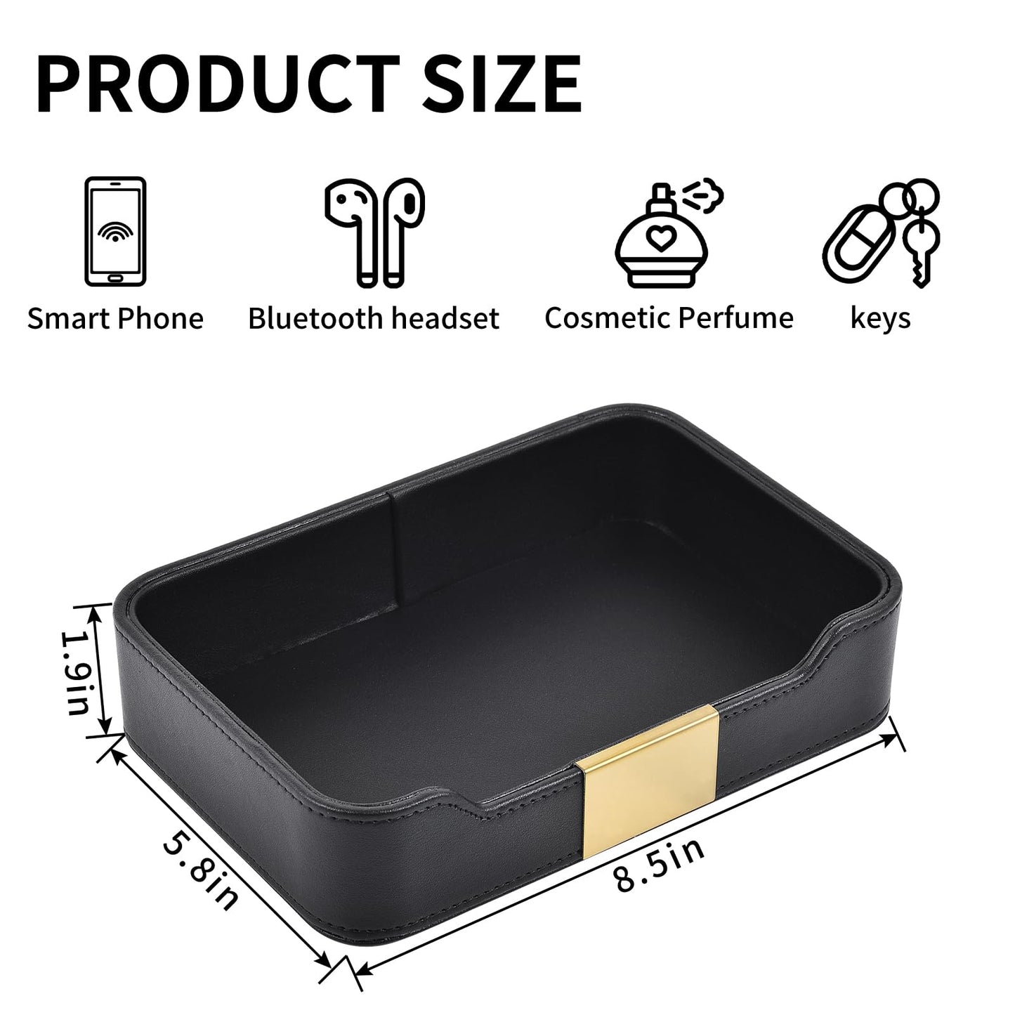 RHCSZ Luxury Leather Valet Tray Desktop Storage Organizer,Bedside Vanity Catchall Tray Nightstand Caddy Holder for Cosmetic,Jewelry,Watch,Keys,Phone,Wallet,Remote Controller,Pen,Black