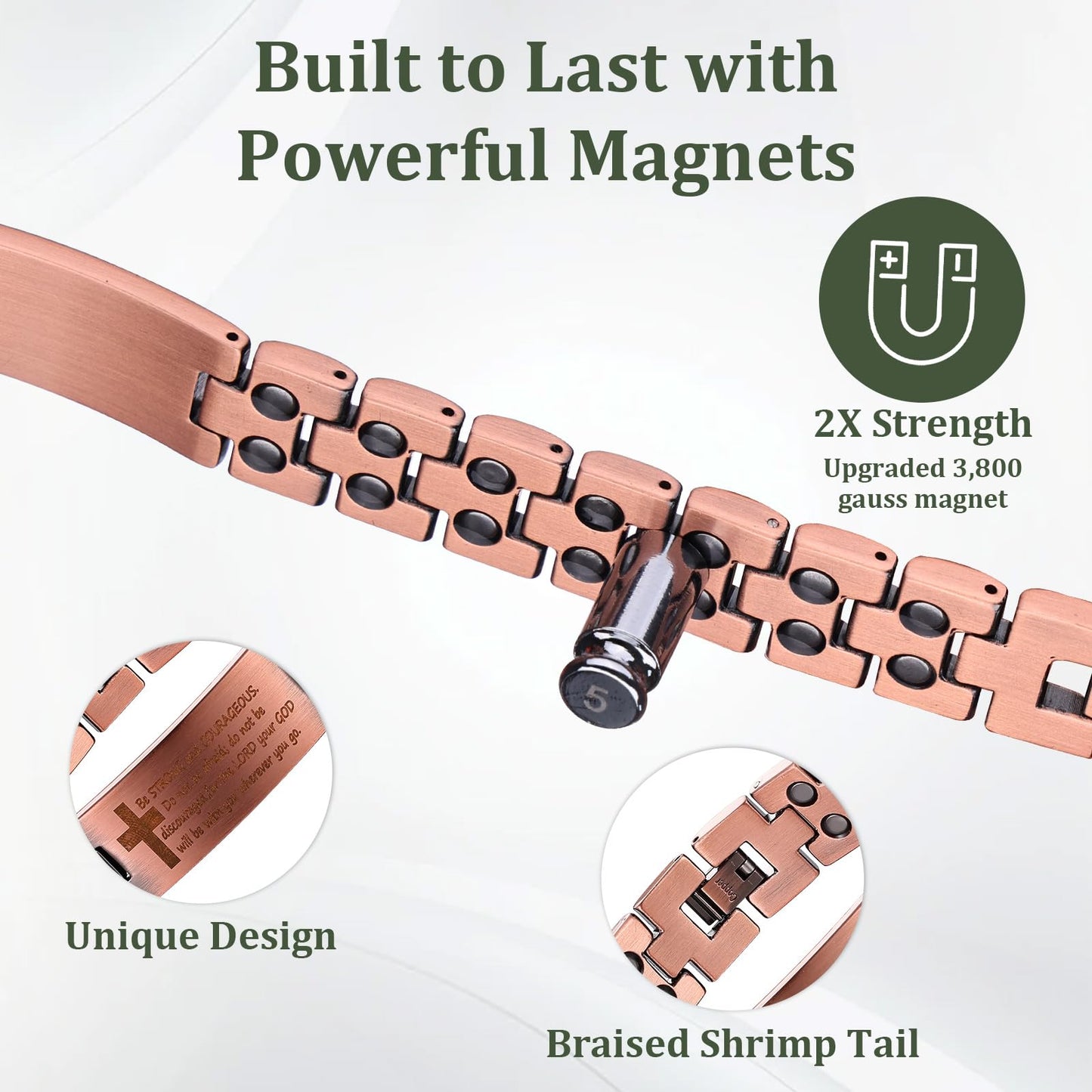 Fashtour Copper Magnetic Cross Bracelet for Men - Ultra Strength Magnetic Mens Cross - With Size Adjustment Tool (Joshua 1:9)
