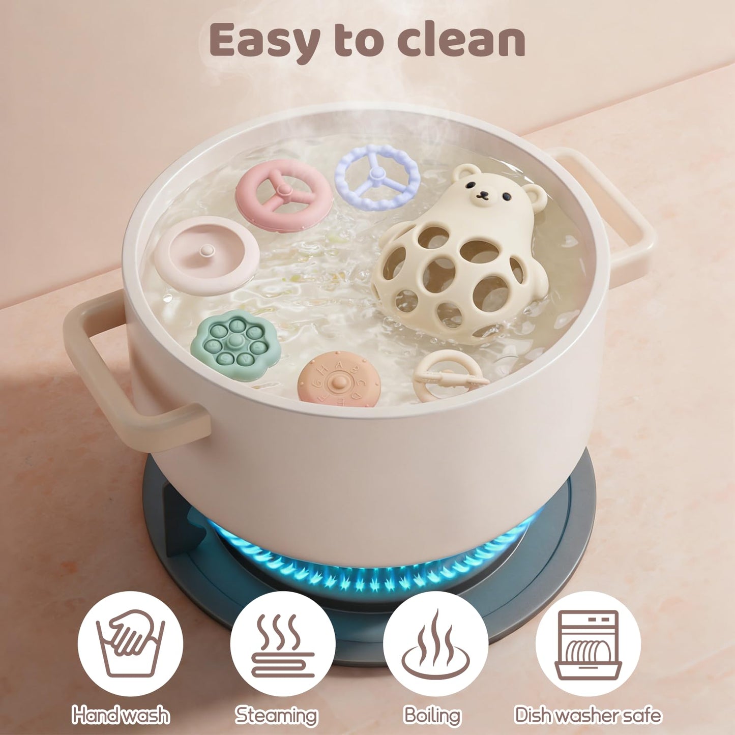 CuddleCubs Creations Baby Bear Teething & Stacking Toy Set - Teething Toys Silicone Teethers, Soft Baby Stacker Rings Teether, Learning Toy Gift for Boys and Girls 6+ Months (Beige)