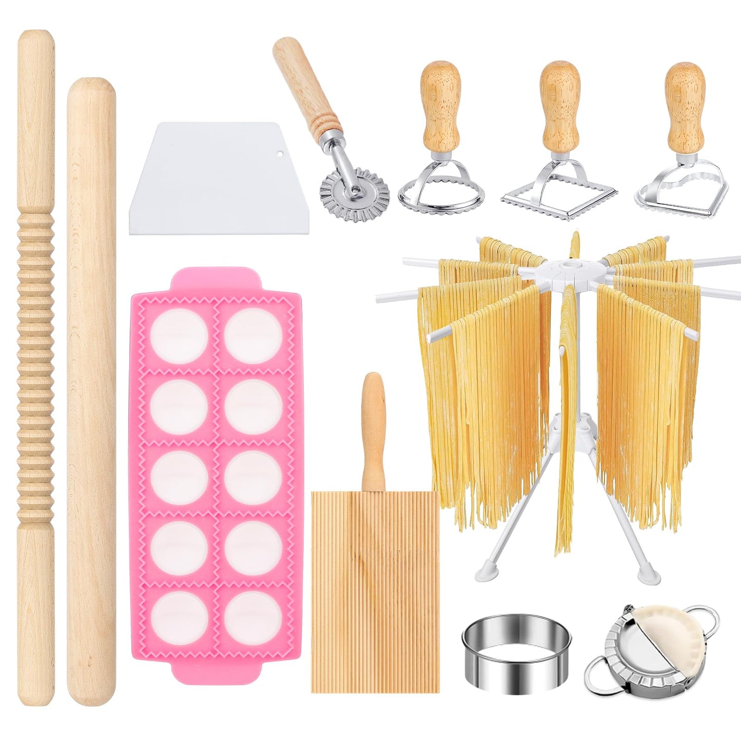12PCS Pasta Maker Tool Set, Ravioli Mold Set, Ravioli Maker with Roller Wheel, Ravioli Cutter Set with Wooden Handle, Pasta Making Kit for Ravioli Press Mold Pasta Making Kit Accessories for Home (12)