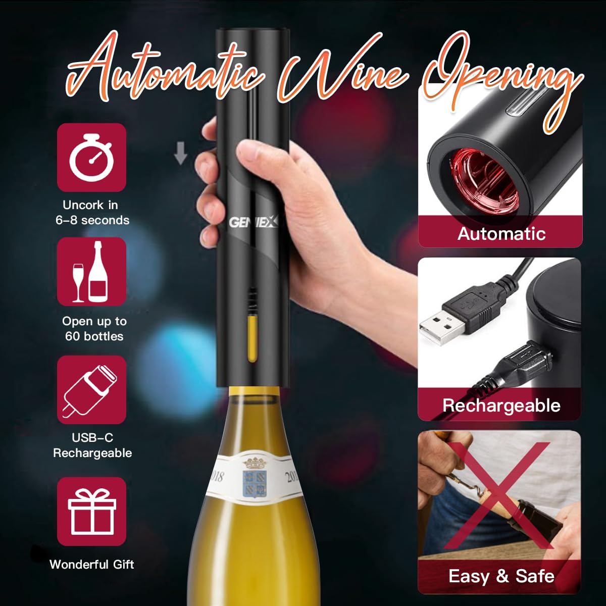 Electric Wine Set 4 | Automatic Wine Opener Dispenser Gift Set - Electric Corkscrew Opener & Auto Wine Dispenser | Ideal Housewarming Gifts and Cool Wine Gift (Black)