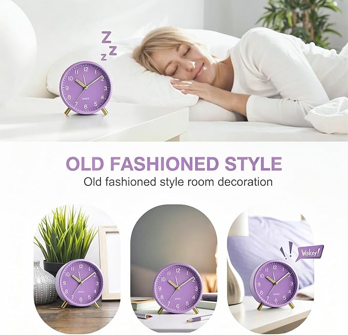 Analog Alarm Clock, Silent Non-Ticking with Night Light, Fashionable Round Metal Alarm Clock for Office, Battery Operated Alarm Clock for Bedroom, Elderly, Adults, Children, Student Gifts