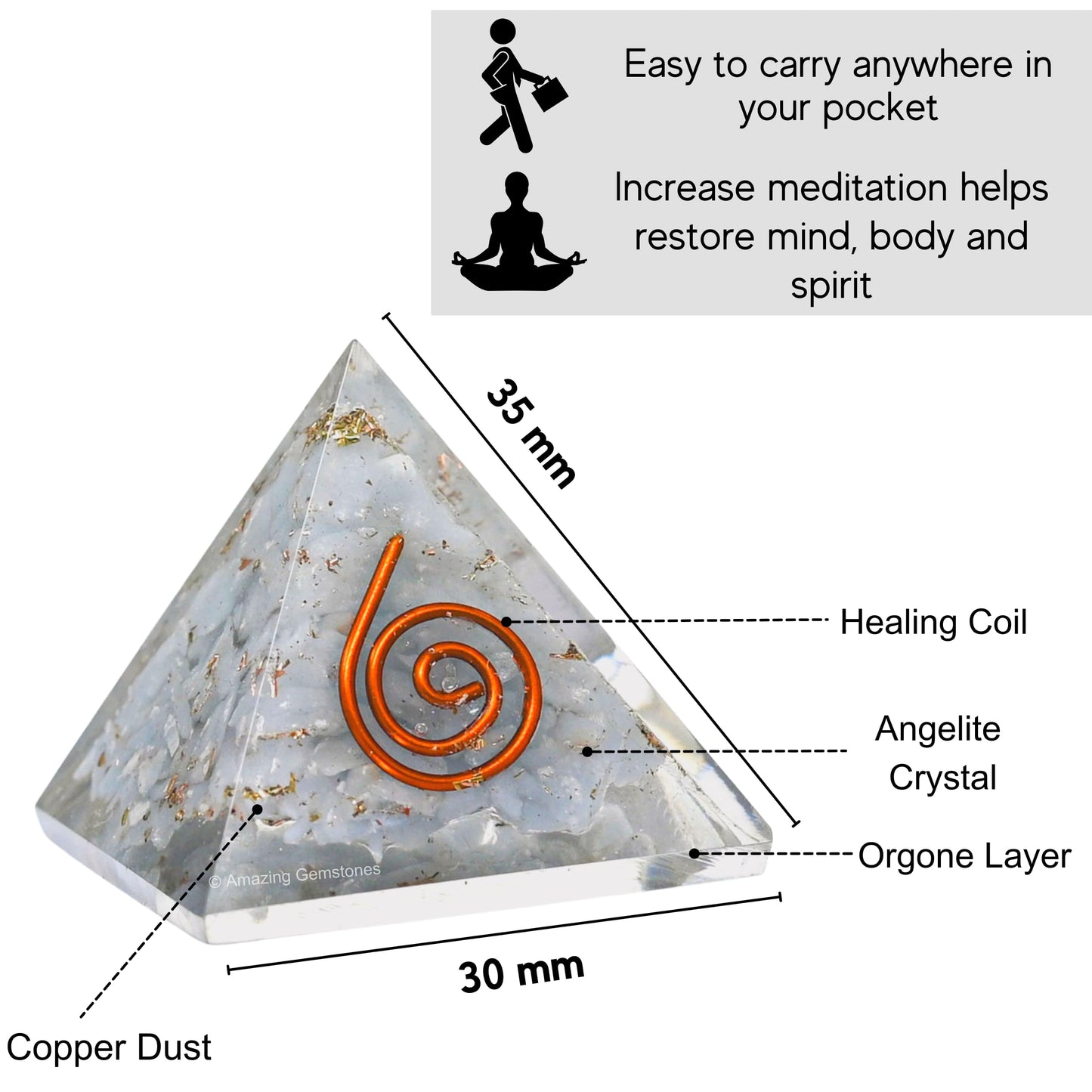Amazing Gemstone Angelite Orgone Orgone Pyramid - 30mm Small Orgonite Pyramids with Crystals and Healing Stones - Authentic Organite Gifts
