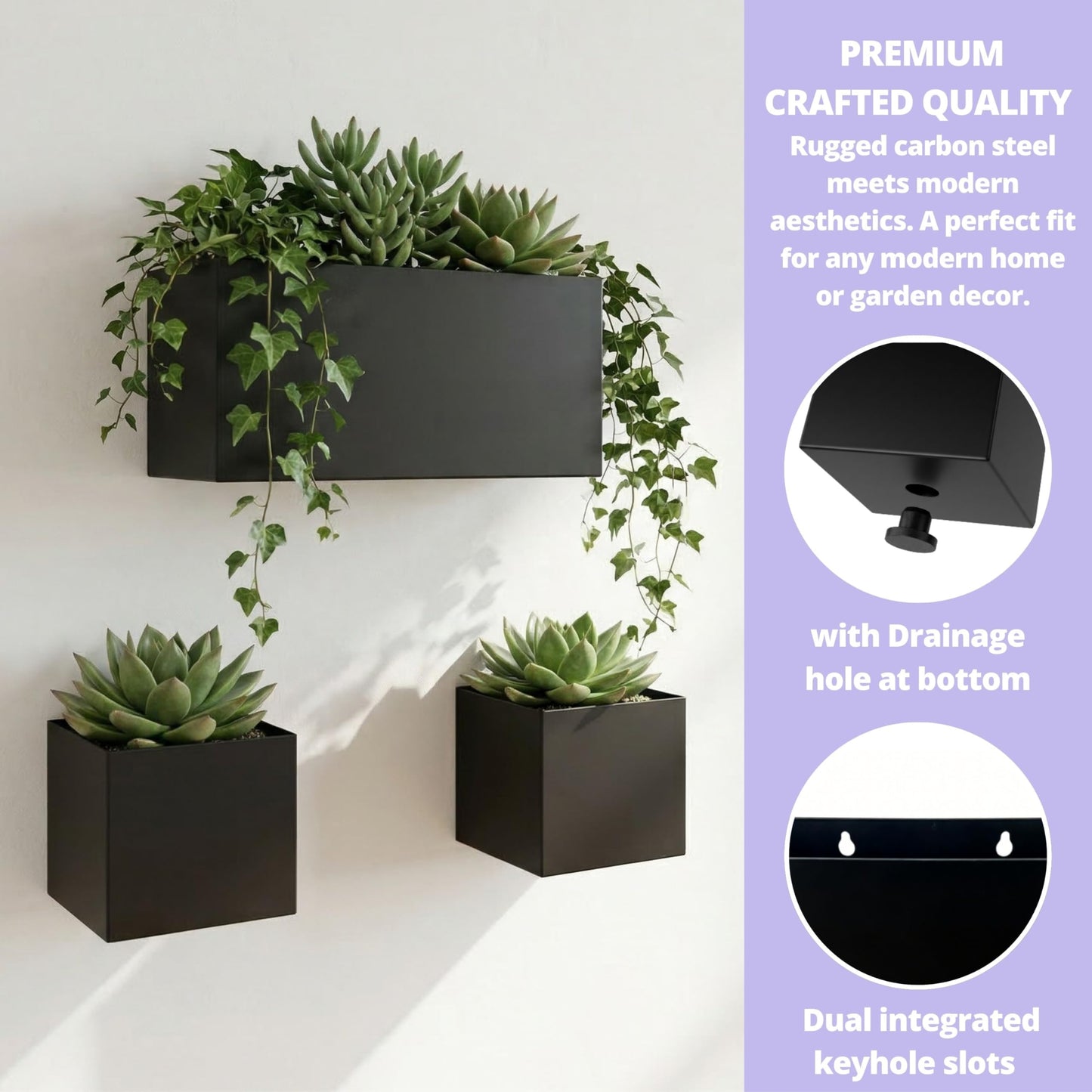 LaLaGreen Wall Planters (3 Set) Rectangular Wall Mounted Hanging Flower Boxes for Indoor Plants, Black Carbon Steel Metal Windox Box Planter Plant Pot Modern Balcony Windowsill Herb Home Garden Decor