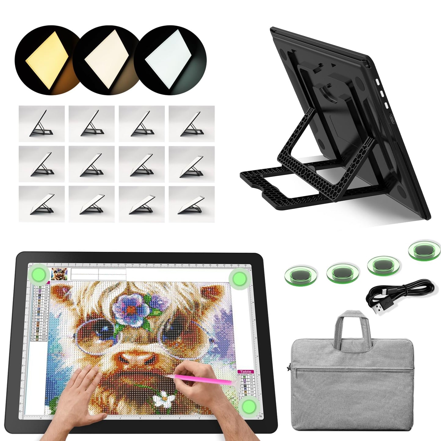 YINGWOND A3 Rechargeable Diamond Art Light Board with Padded Case,Side Physical Button,18.2 * 13.4 in Magnetic Light Pad Built-in Foldable Stand,Wireless Light Box for Tracing Drawing Sketching