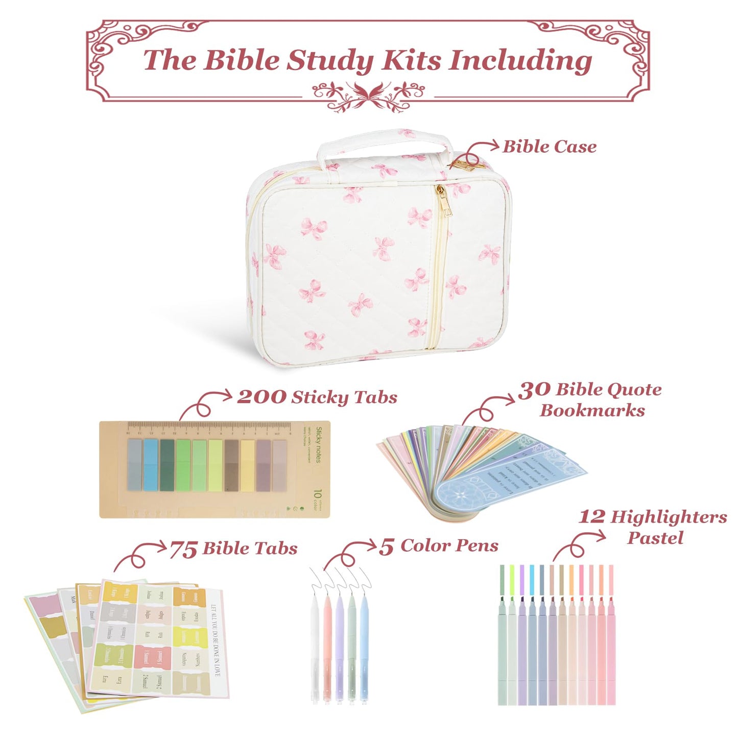Ecehyon Bible Cover Case for Women,Large Quilted Case with Handle,Included Diverse Bible Study Supplies,Christian Gift for Women (Pink Butterfly, 11.8 * 9.6 * 2.4 in)