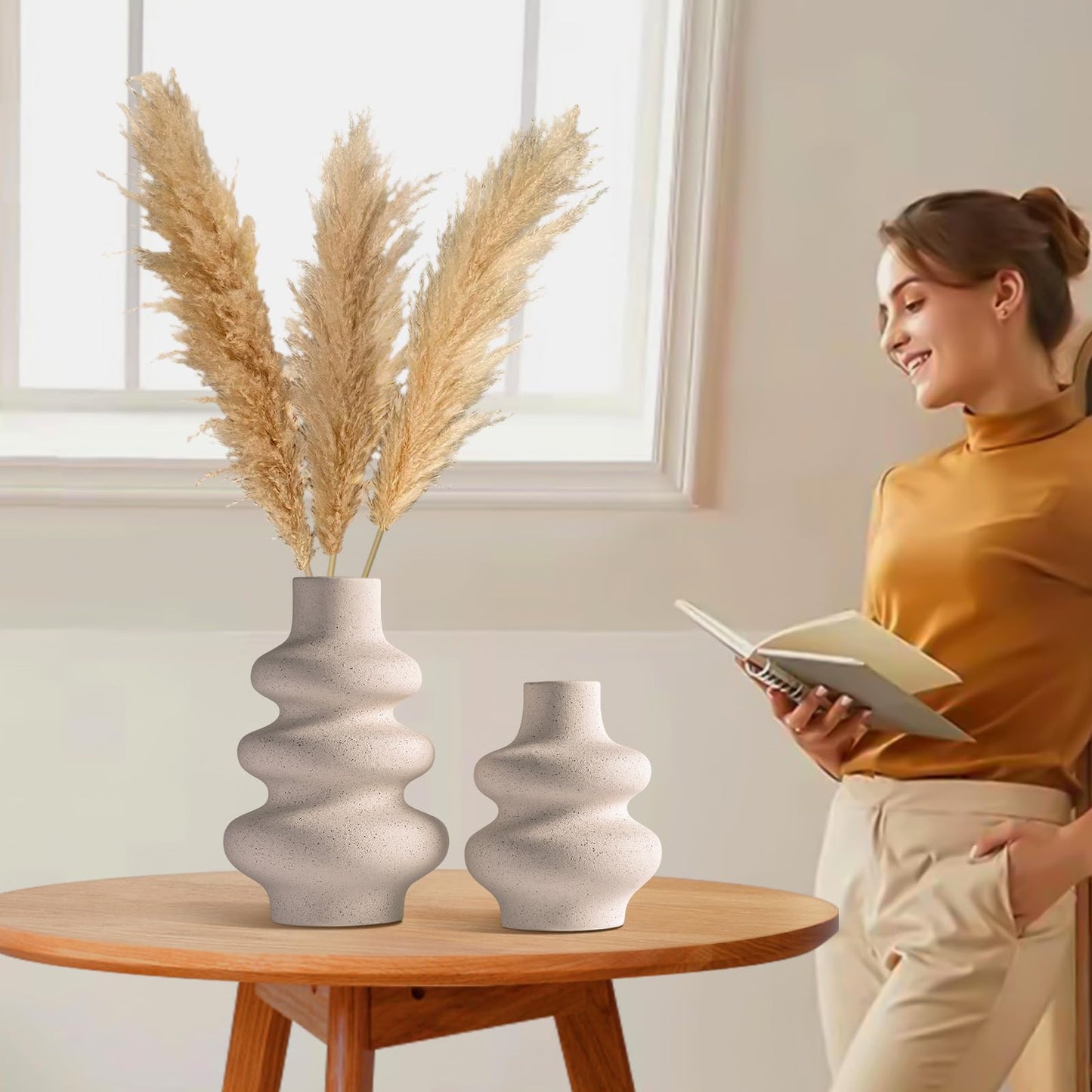 Ceramic Vases Set of 2-White Vase for Modern Home Decor, Flower Vases for Aesthetic Room Decor,Boho Decor Wedding Dinner Table Party Office Centerpiece Table Decorations (A White)