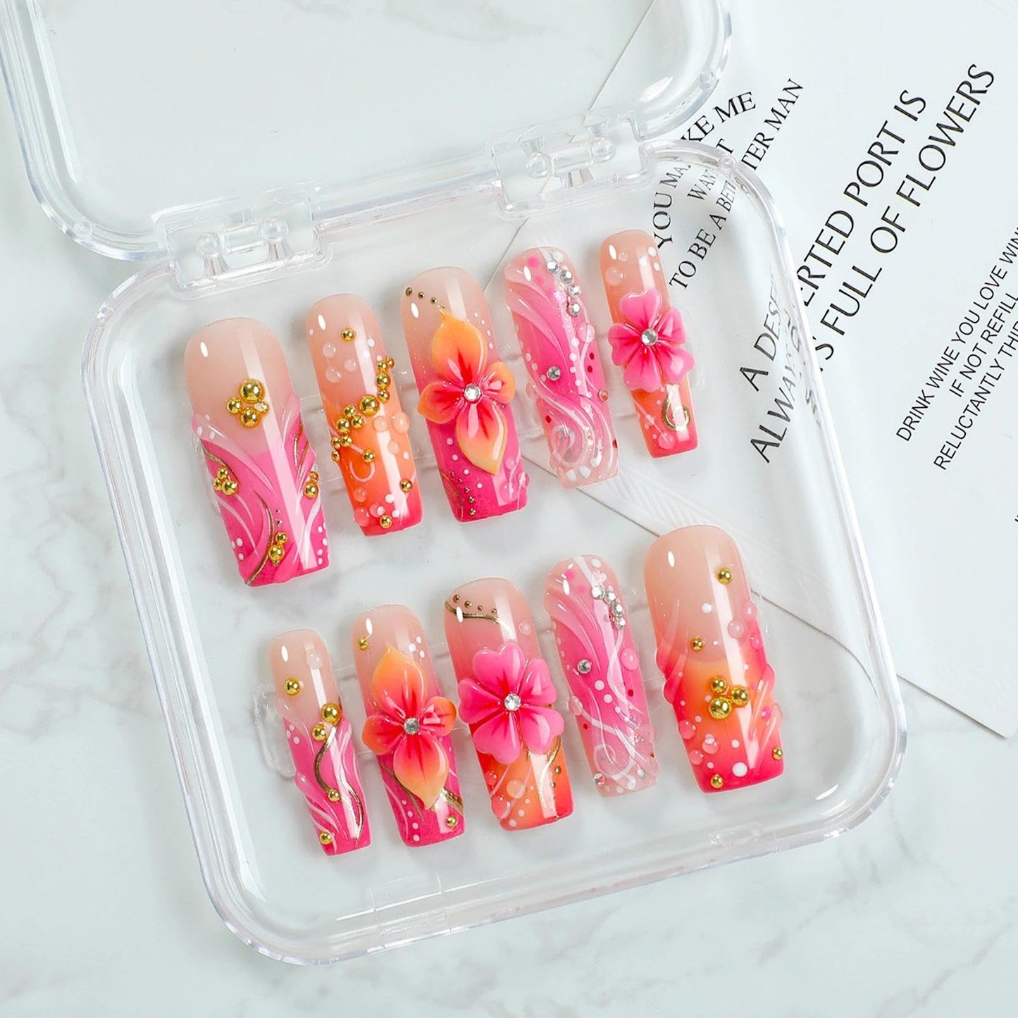 Handmade 3D Floral Square Press On Nails, Pink Gradient Luxury Artisan Nails Set, Reusable Glossy Press-ons with Tool Kit (S)