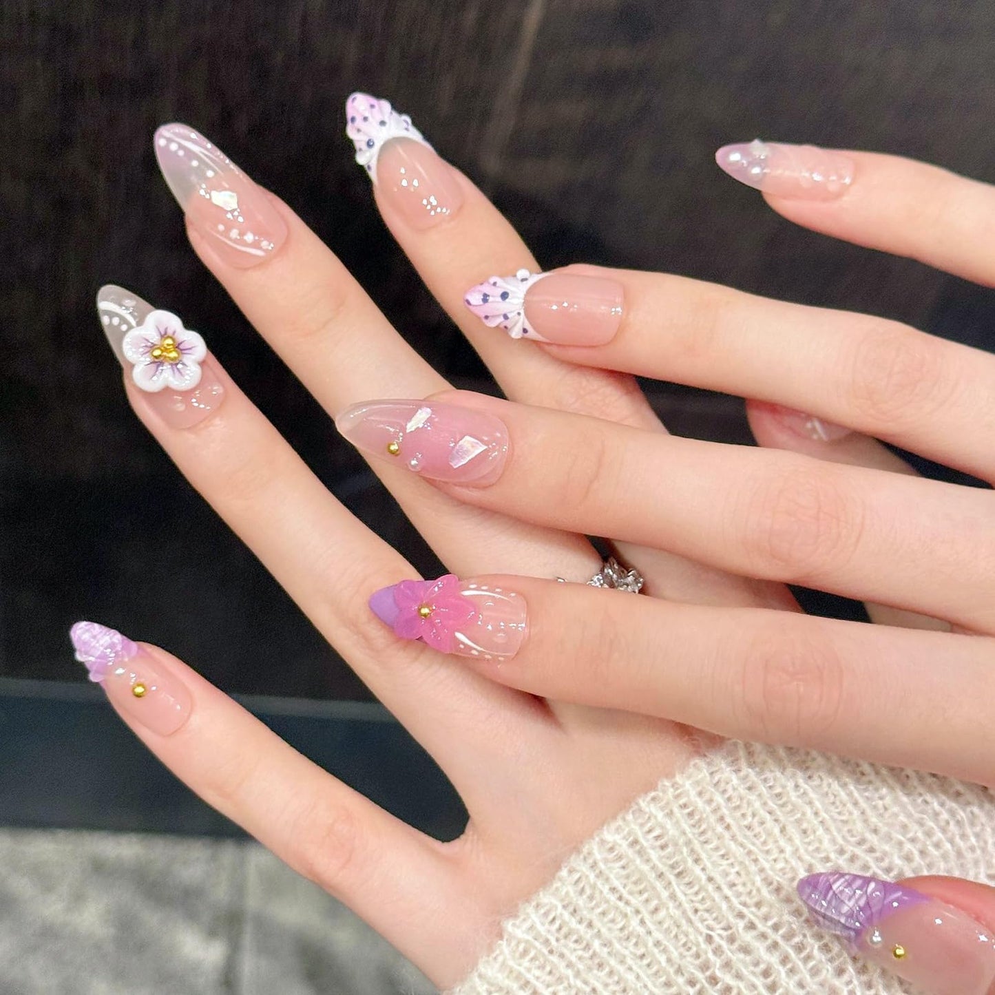10Pcs Handmade Almond Press on Nails Medium Almond Fake Nails with 3D Flower Design Polka Dot Press on Nails Purple French Tip Acrylic Nails Press ons Spring Summer Flower Stick on Nail for Women (S)