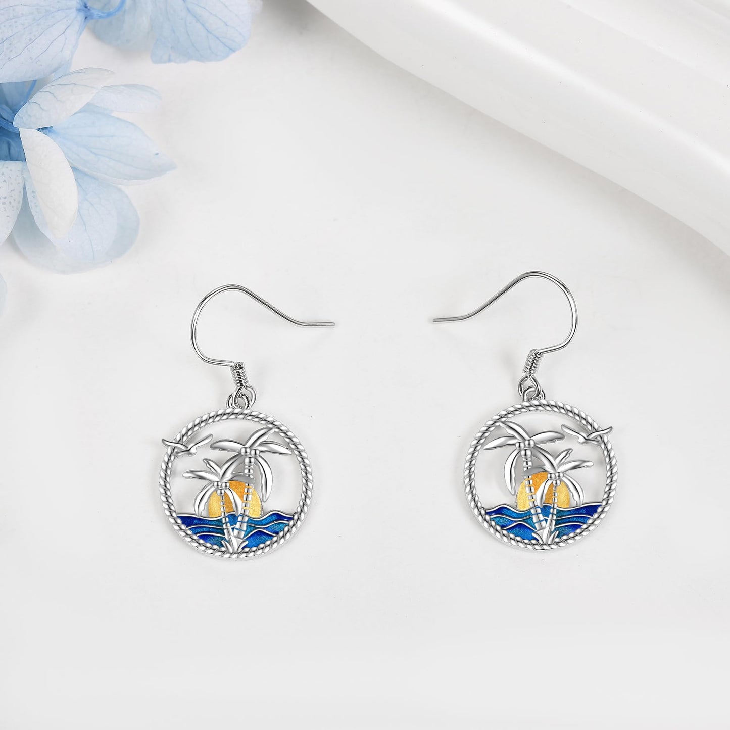 Palm Tree Dangle Earrings S925 Sterling Silver Coconut Tree Jewelry Palm Tree Earring Beach Sunrise Ocean Wave Earrings Gift For Women Female Birthday Gift