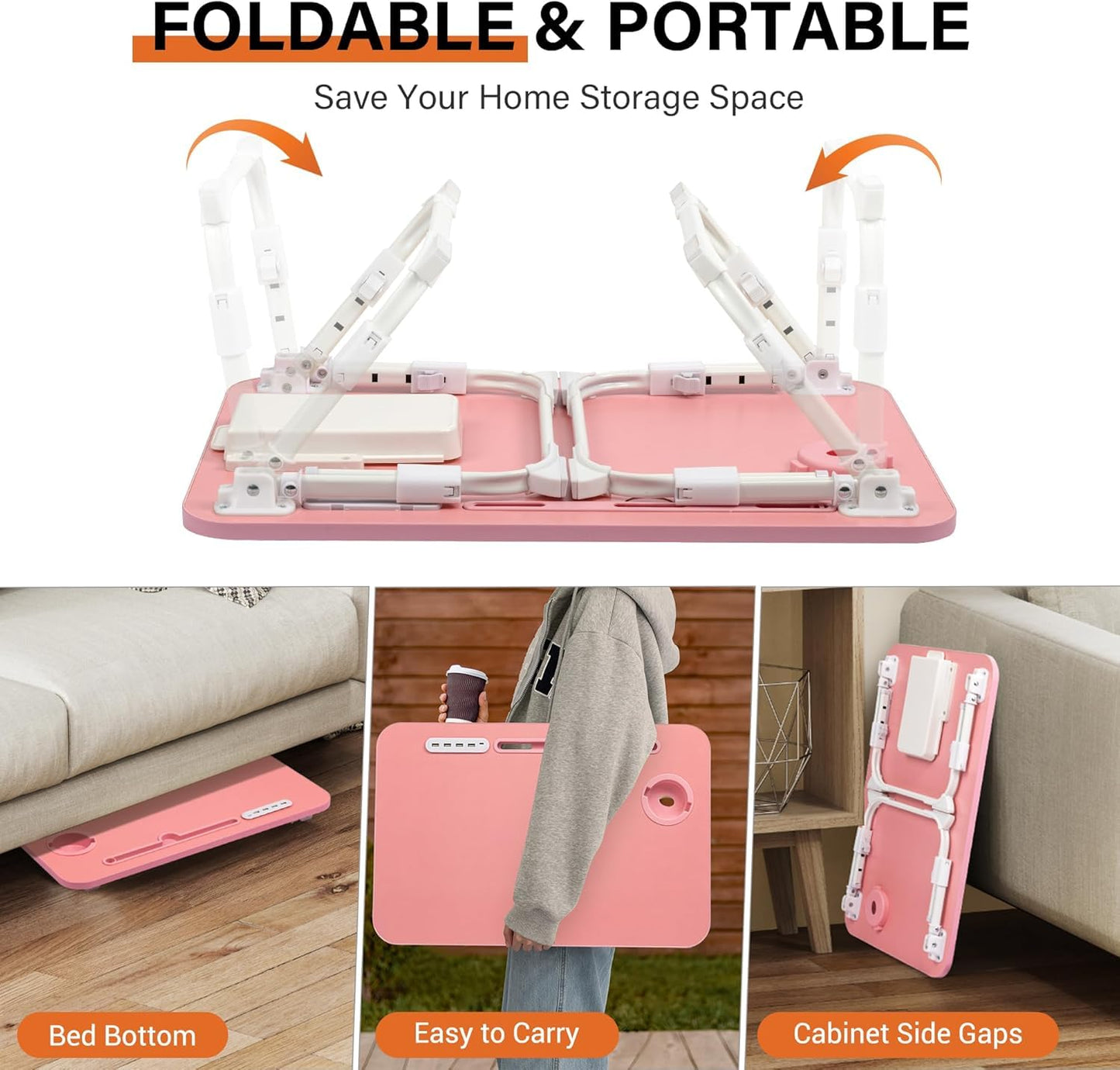 DECOSIS Bed Desk Height Adjustable, Bed Laptop Table with USB/Storage Drawer/Cup Holder/Tablet Stand/Book Shelf, Foldable Breakfast Tray Portable for Reading Writing, Bed, Sofa & Floor, Wood, Pink