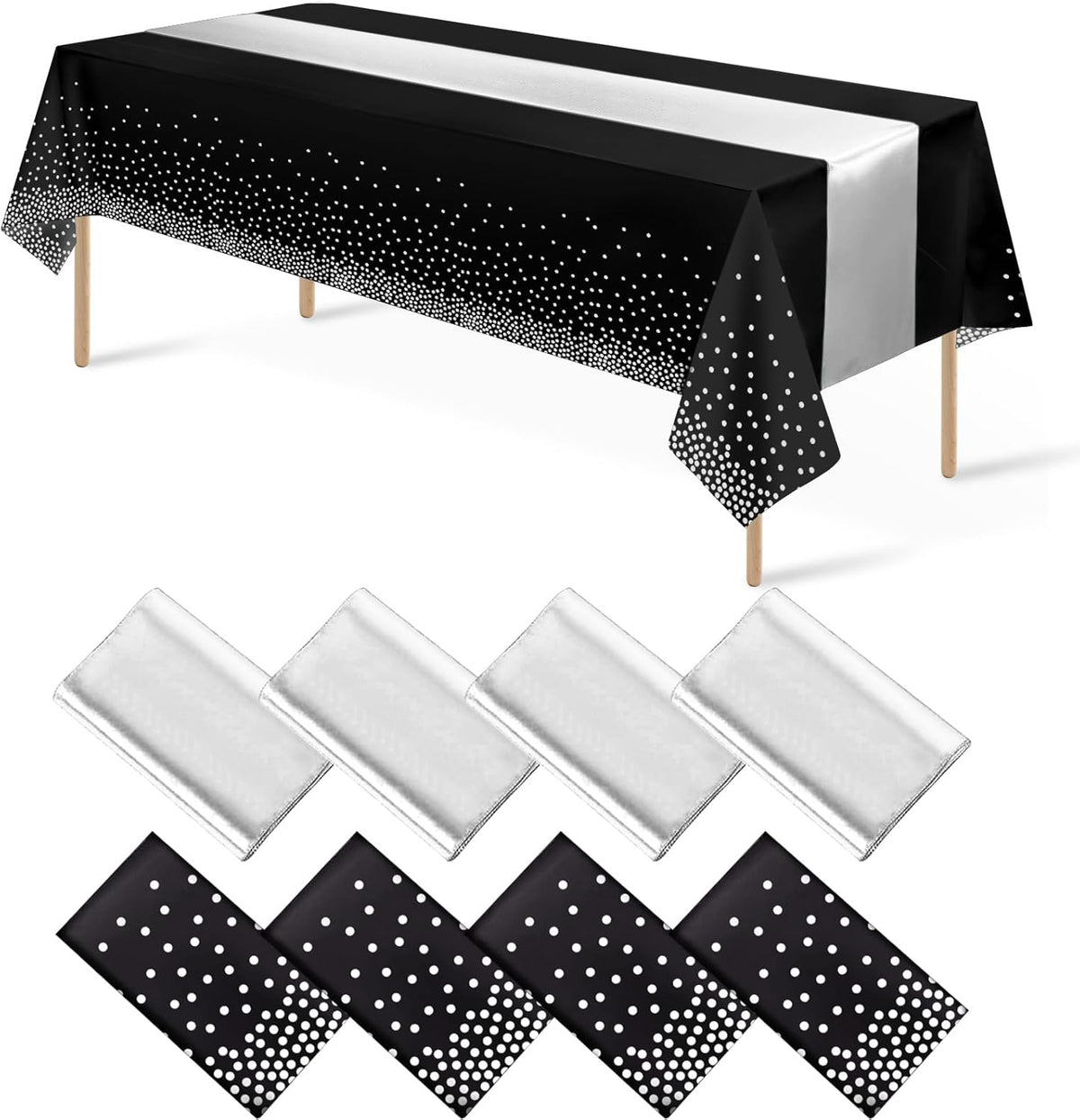 8Pack Disposable Plastic Tablecloths and Satin Table Runner Set Black and Silver Dot Tablecloth Silver Satin Table Runner for Wedding Birthday Baby Shower Anniversary Christmas New Year Party Supply