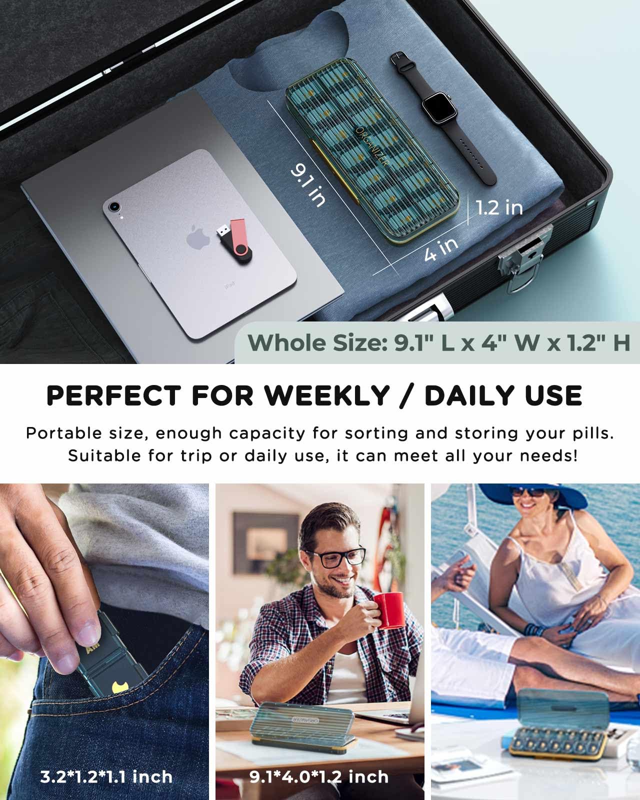 Am Pm Pill Organizer, Weekly Pill Box 2 Times A Day - Acedada 7 Day Pill Organizer with 7 Separate Containers, Portable Daily Medicine Dispenser Case for Vitamin, Fish Oils, Supplements, Stylish Blue