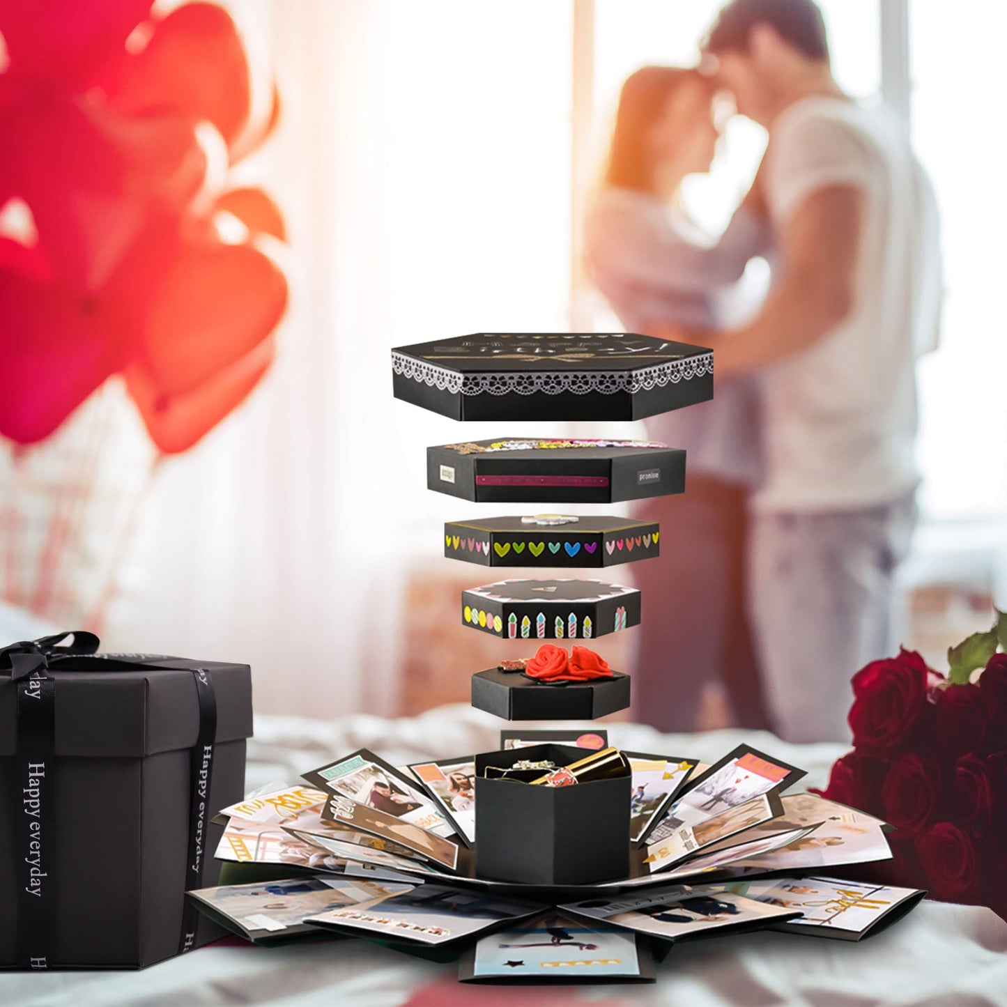 Vienrose Explosion Gift Box Set Surprise Gift Photo Box Creative DIY Scrapbooking Picture Album Accessories Couple Gifts for Birthday Proposals Valentine's Day 01Black Unassembled