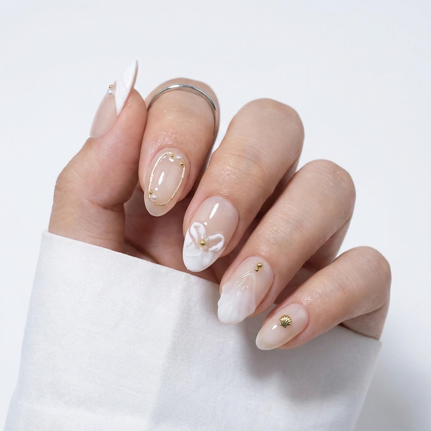 10 Pcs Short Almond Handmade Press On Nails | Nude French Tip with 3D Butterfly Floral Wave & Gold Pearl Shell Accents | Reusable, Easy to Apply & Remove, Salon-Quality Manicure (RR12, M)