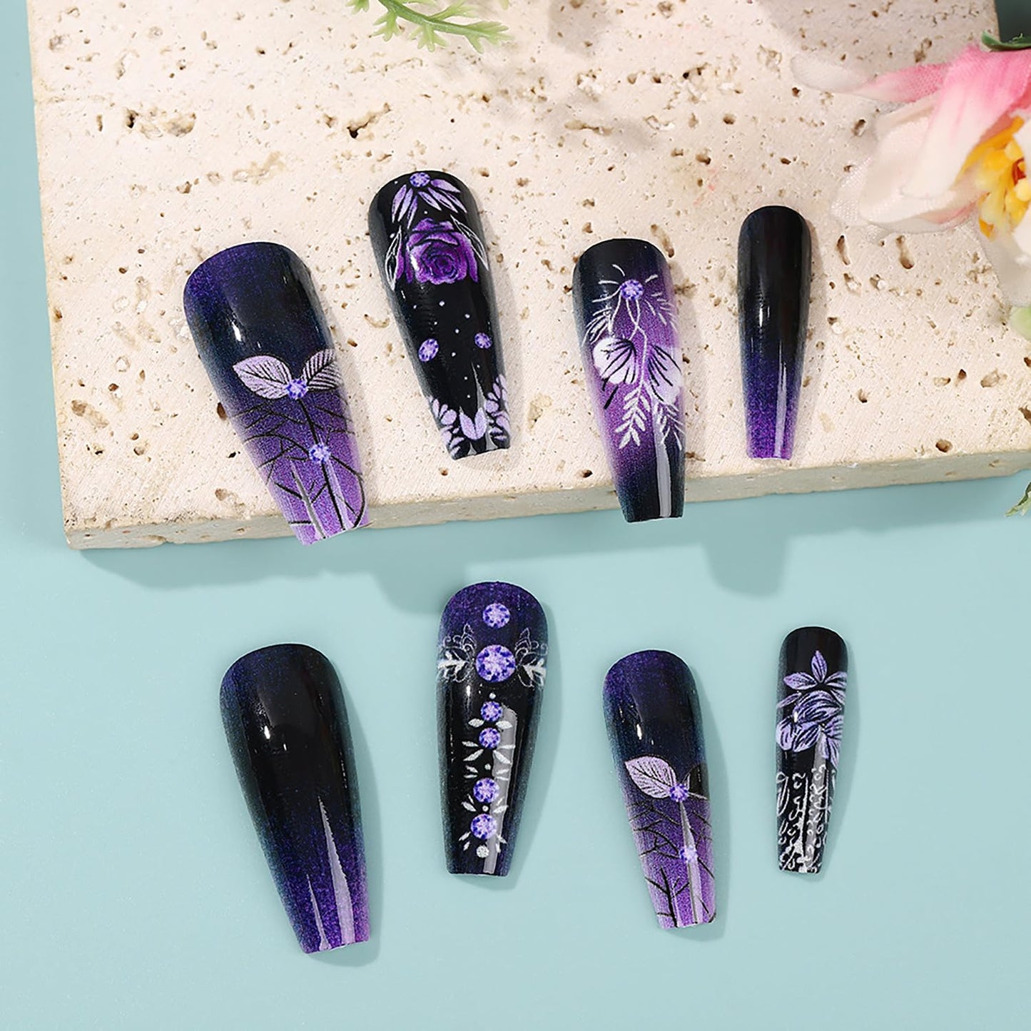 24Pcs Purple Rose Press on Nails Medium Ballet Shaped Purple Starry Sky Smudge and Flower Pattern Design Full Cover Glossy Artificial False Nail Reusable Acrylic Press Ons Stick on Nails for Women