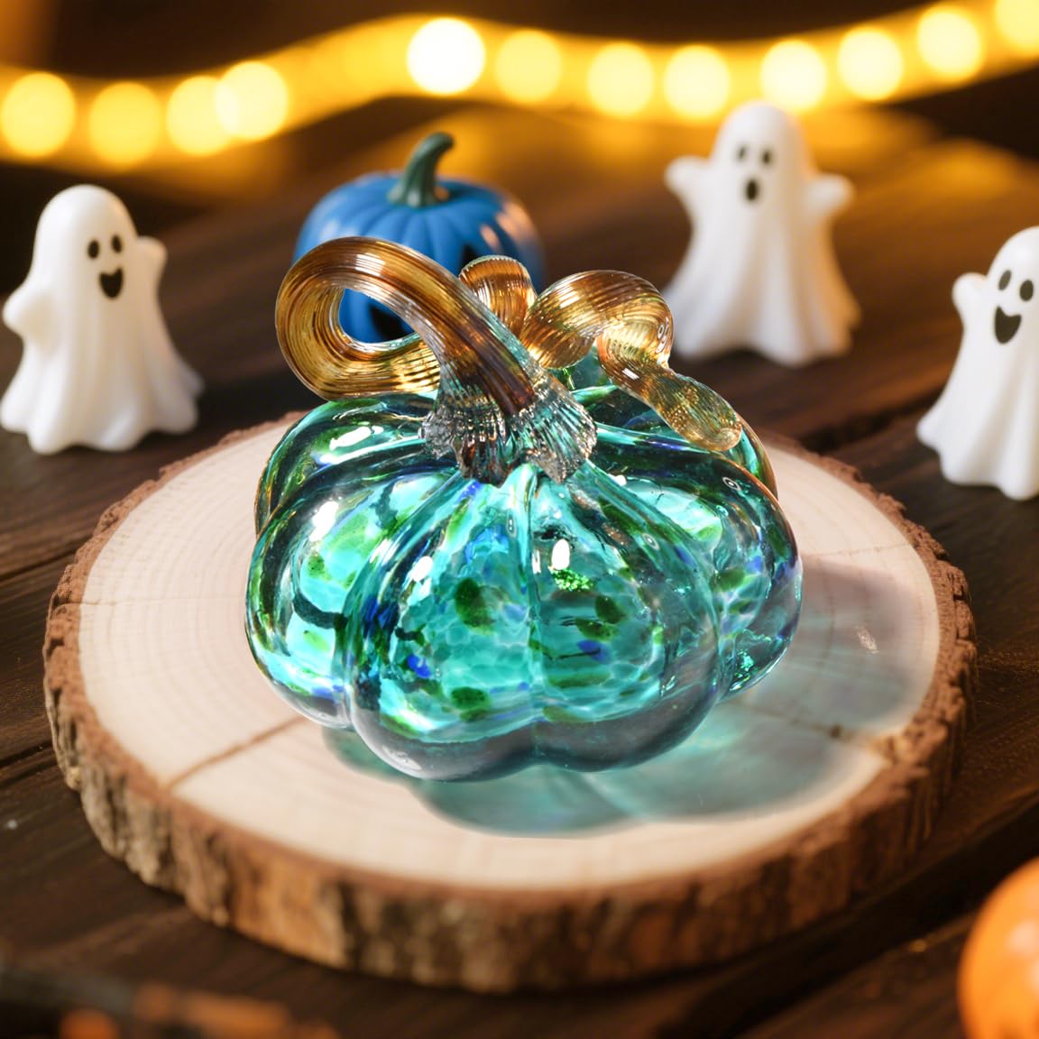 AOFEGRLT 3" Large Blown Glass Pumpkin Figurine Collectible Thanksgiving Fall Harvest Pumpkin Crystal Glass Paperweight Decorations for Home(Green)