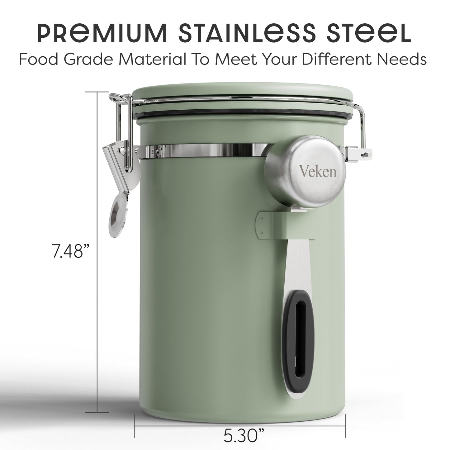 Veken Coffee Canister with Window, Airtight Stainless Steel Kitchen Food Storage Container with Lids, Date Tracker and Scoop for Grounds Coffee, Beans, Tea, Flour, Cereal, Sugar Jars, 22OZ, Green