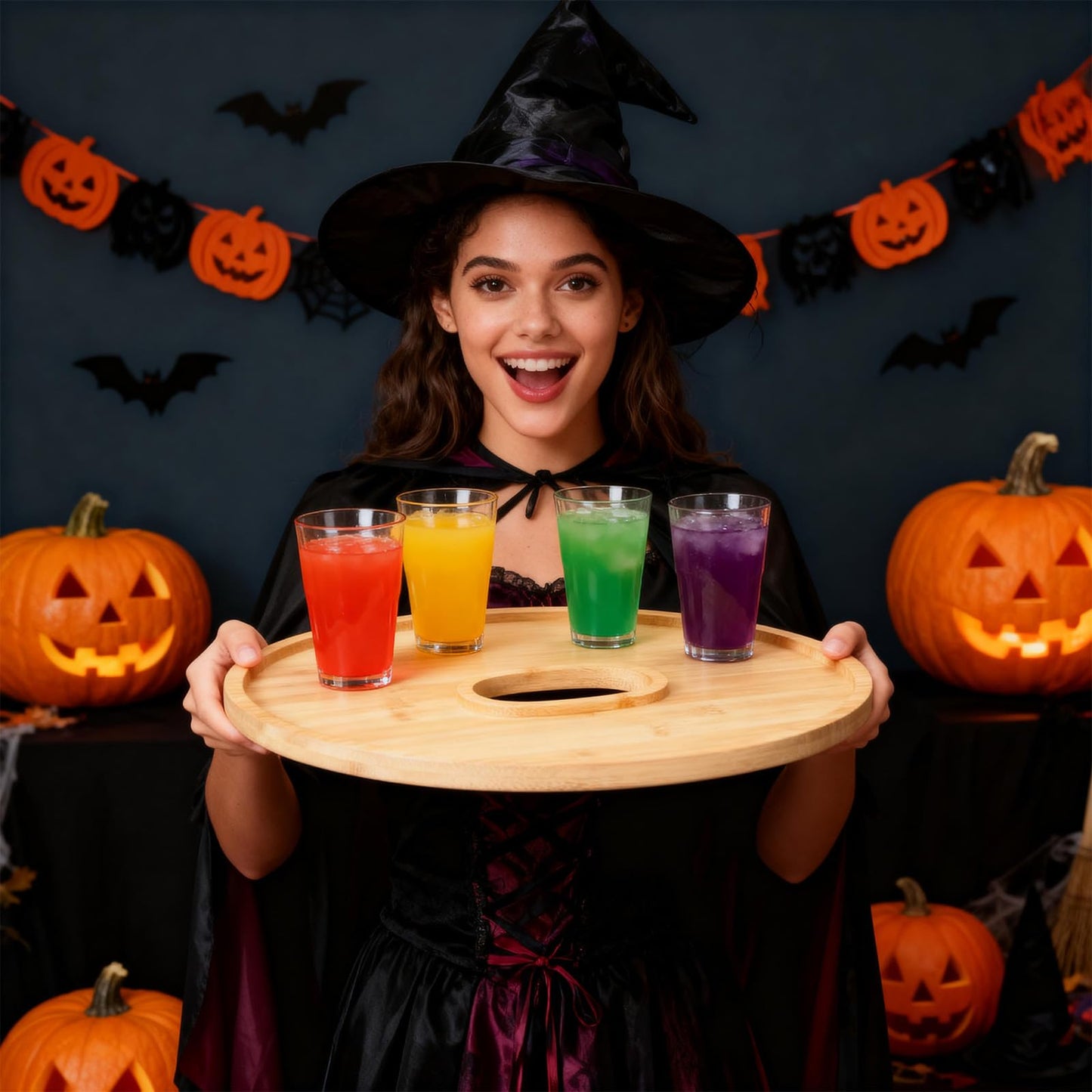 MAGLADY 5Pcs BOO Halloween Charcuterie Board Set, Bamboo Wood Serving Tray Platter with 2 Dipping Saucers Fruit Snack Candy Cupcake Tray Table Decor for Halloween Party
