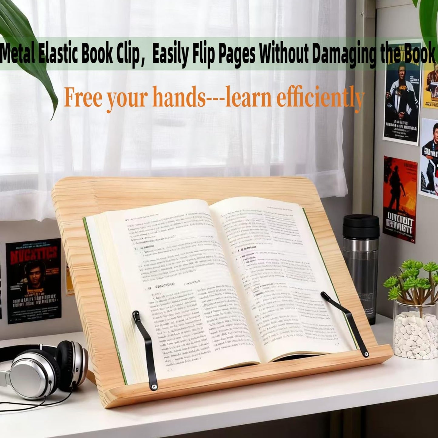 Reading Rack Wooden Bookshelf - Book Stand Foldable with 8 Adjustable Positions and Page Clips,Suitable for cookbooks、iPads、laptops、Sheet Music、and Reading Stands (15x11.4inch)