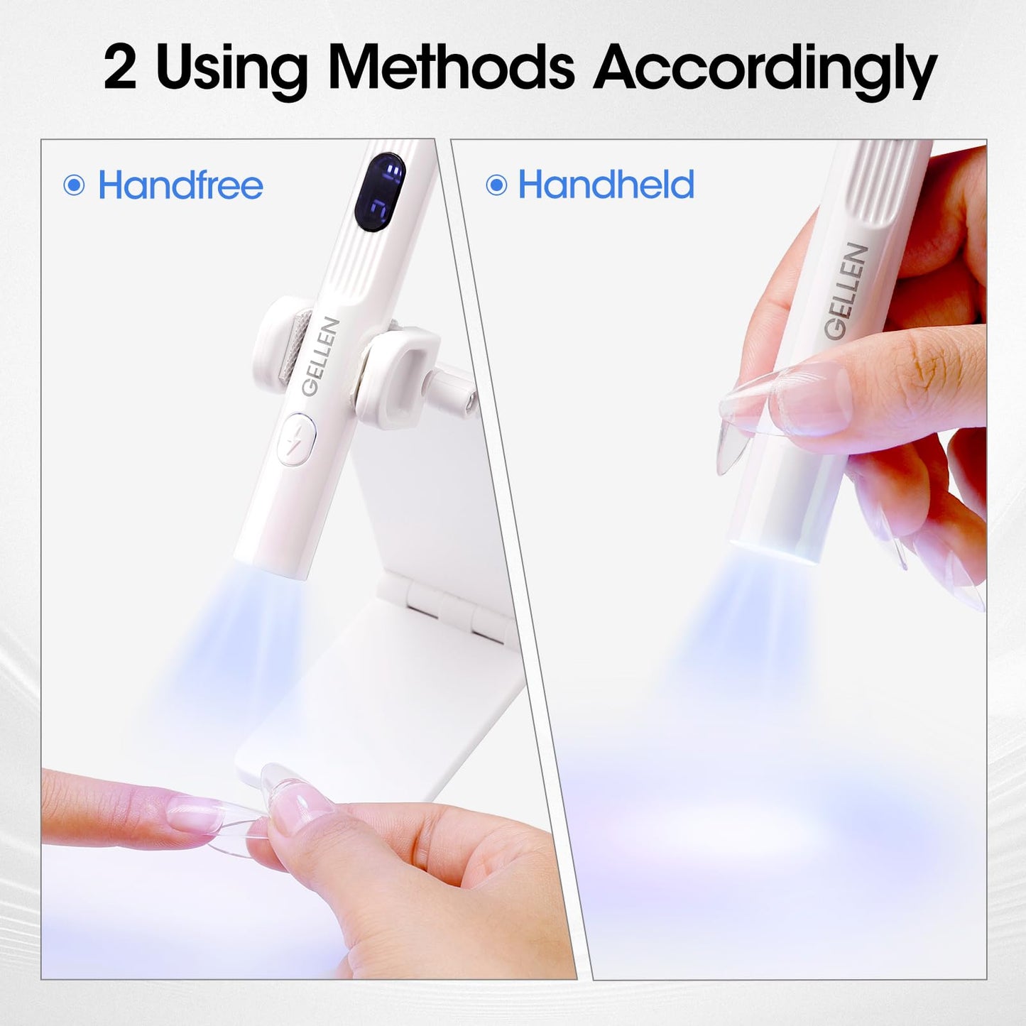 Gellen UV Light for Gel Nails with Stand, Mini Handheld UV Nail Lamp, Flash Cure Nail Lamp Cordless Rechargeable Nail Dryer with LCD Display, 3 Timers 30s/60s/99s, 180° Rotatable Holder (White)