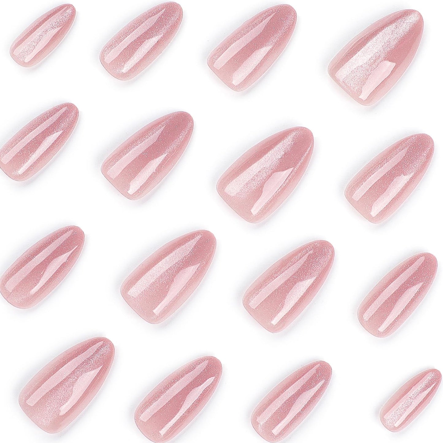 Almond Press on Nails Medium Fake Nails Pink False Nails with Designs Glitter Glossy Full Cover Acrylic Glue on Nails Artificial Stick on Nail Press ons for Women Cat Eye Manicure 24Pcs