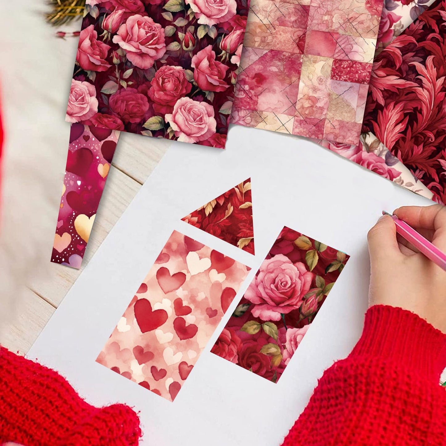 Heart & Rose Scrapbook Paper 6x6, 48 Sheets /12 Designs Romantic Heart Pattern Scrapbook Paper, Single-Sided Craft Paper for Valentines Craft Supplies Card Making Scrapbook