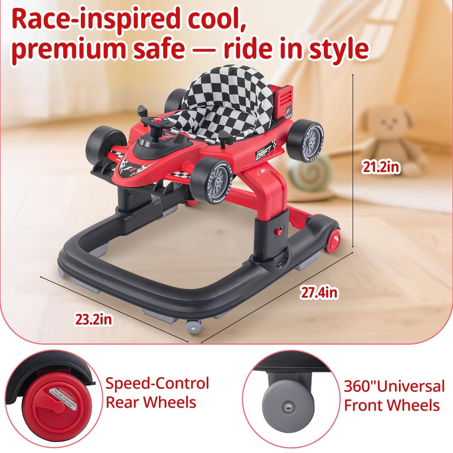 Baby Walker with Wheels | 3 Adjustable Heights, Reinforced Frame, 4 Modes (Push Walker & Jumper), Speed & Height Adjustments, Music, Lights, Anti-Rollover Design, for 6-18 Month Olds