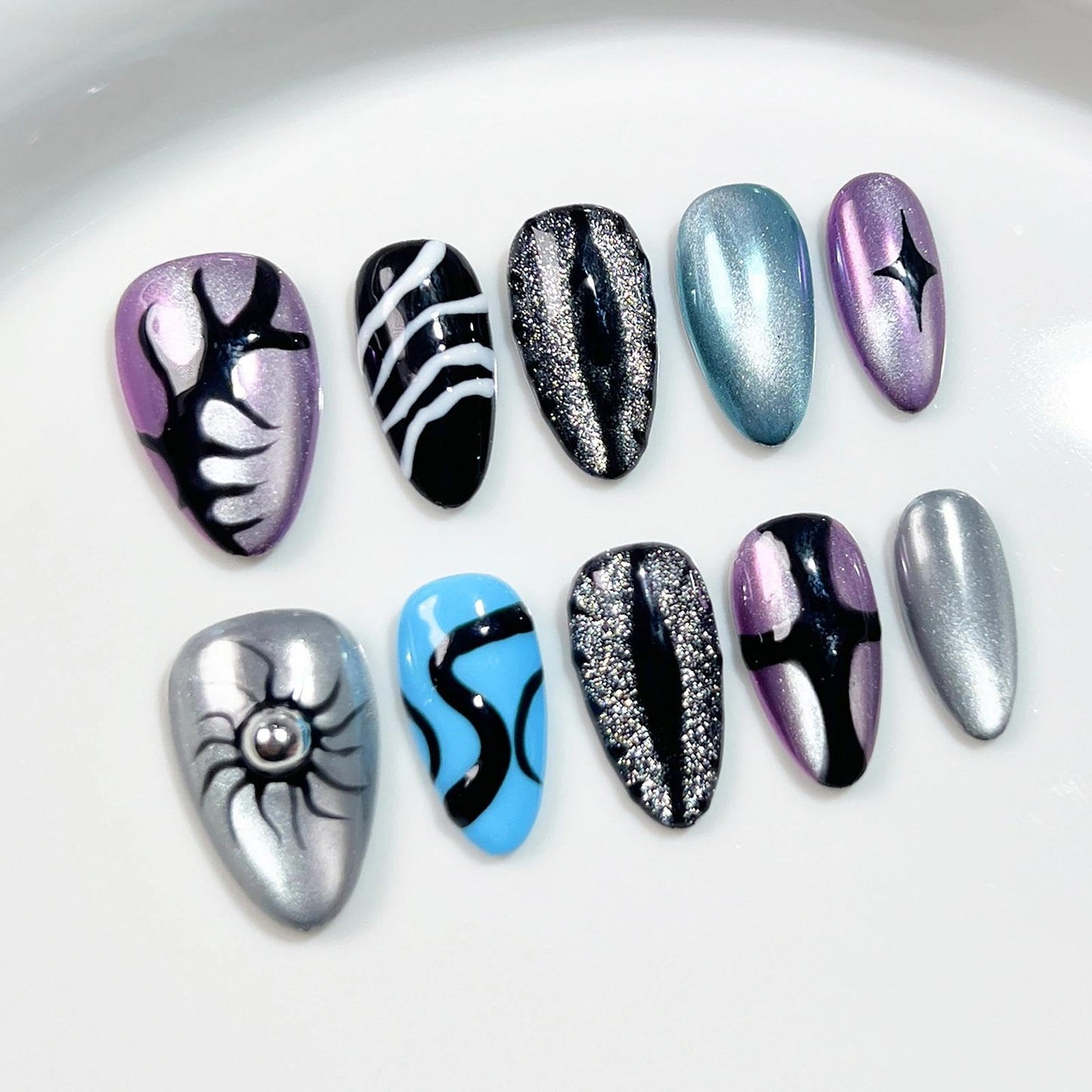 Handmade 3D Dark Mystic Oval Press On Nails, Multi-Color Stream Star Artisan Nails Set, Reusable Glossy Press-ons with Tool Kit(M)