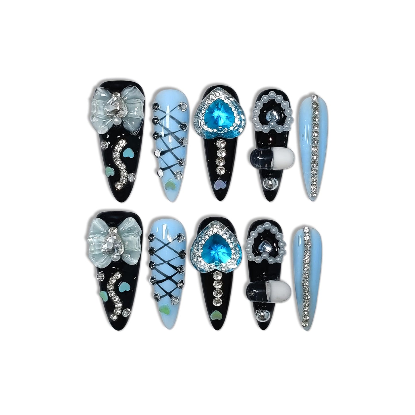 TENPAL 10Pcs Y2K Gothic Press On Nails With Tools,Blue 3D Capsule Pearl Bow & Chain Charms Designs Fake Nails,Long Stiletto Handmade False Nails,Reusable Acrylic Glue on Nails for Party Halloween(S)