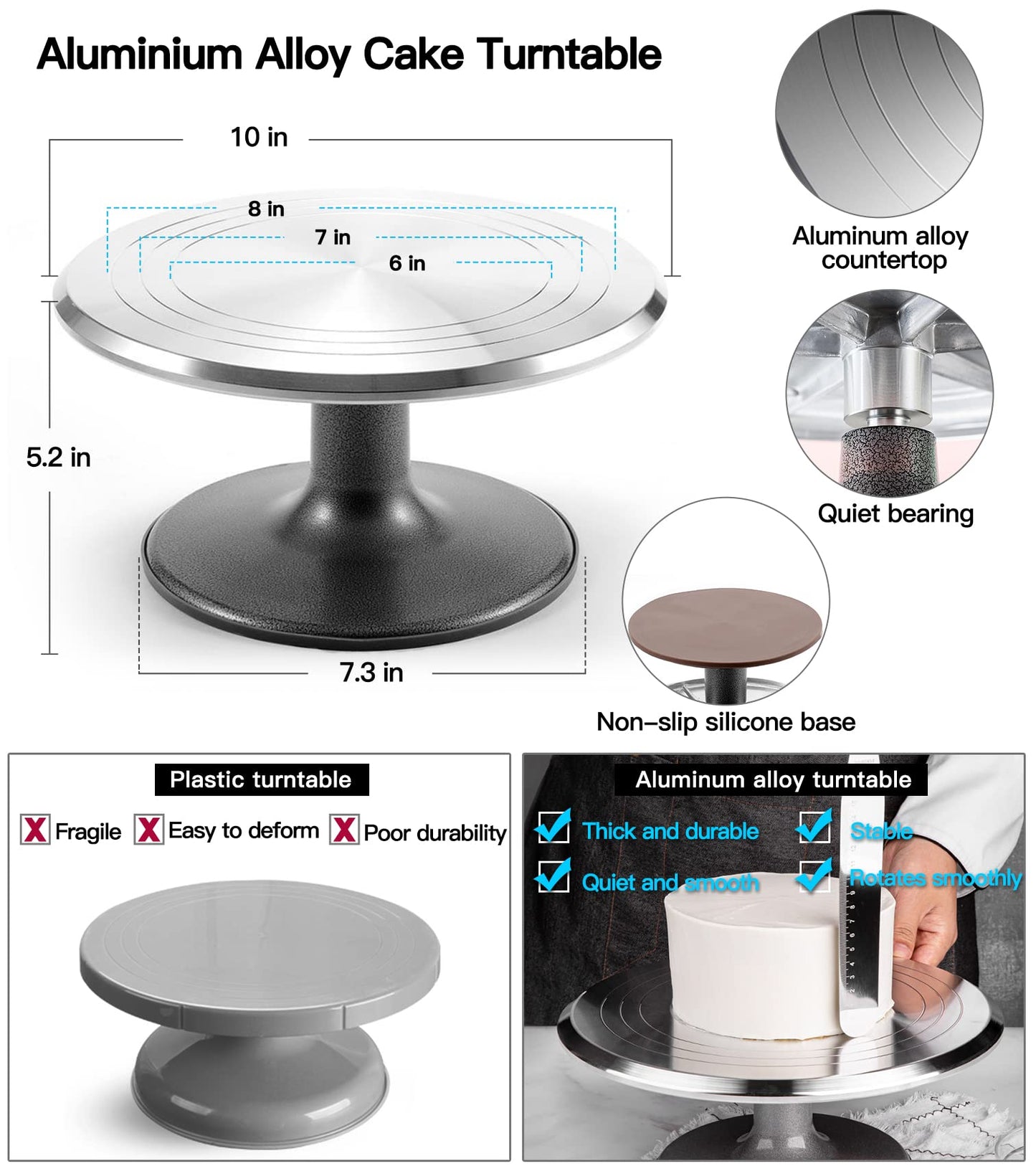 Aluminum Alloy Revolving Cake Stand & Carrier - 268PCS Kit with 54 Piping Tips, Acrylic Cake Discs, Various Spatulas